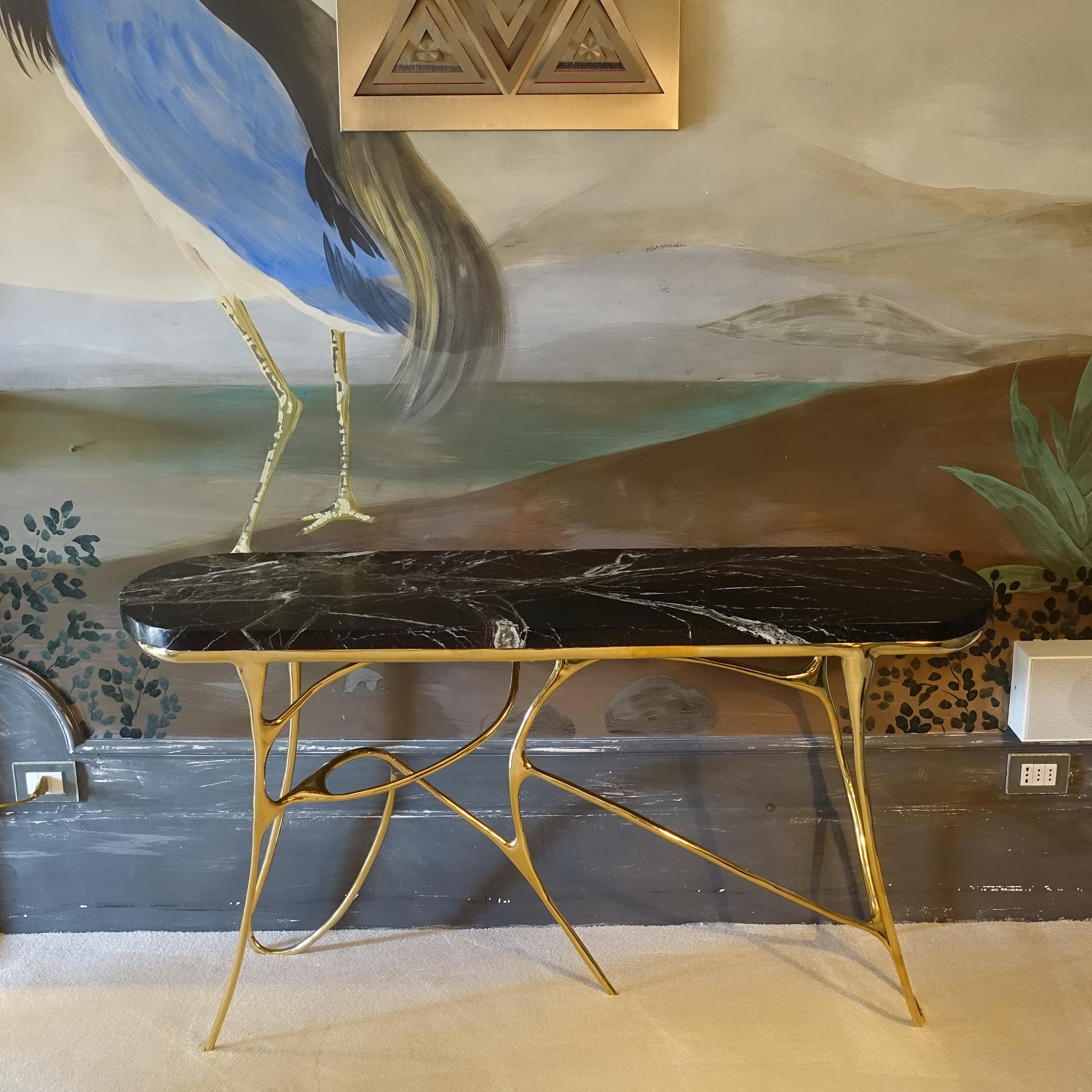 Contemporary Sculptural Brass Console and Red Levanto Marble Top 2