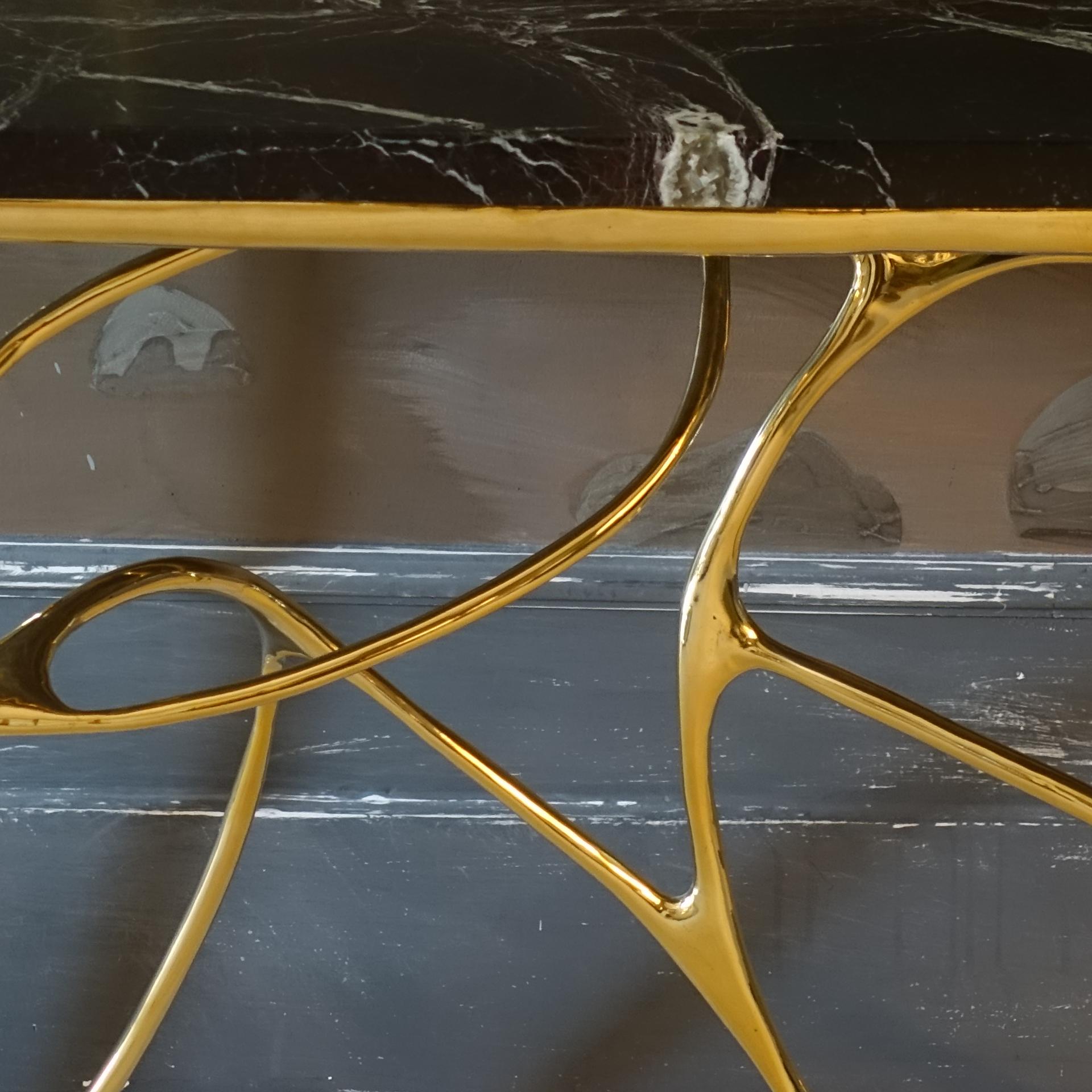 Contemporary Sculptural Brass Console and Red Levanto Marble Top 3