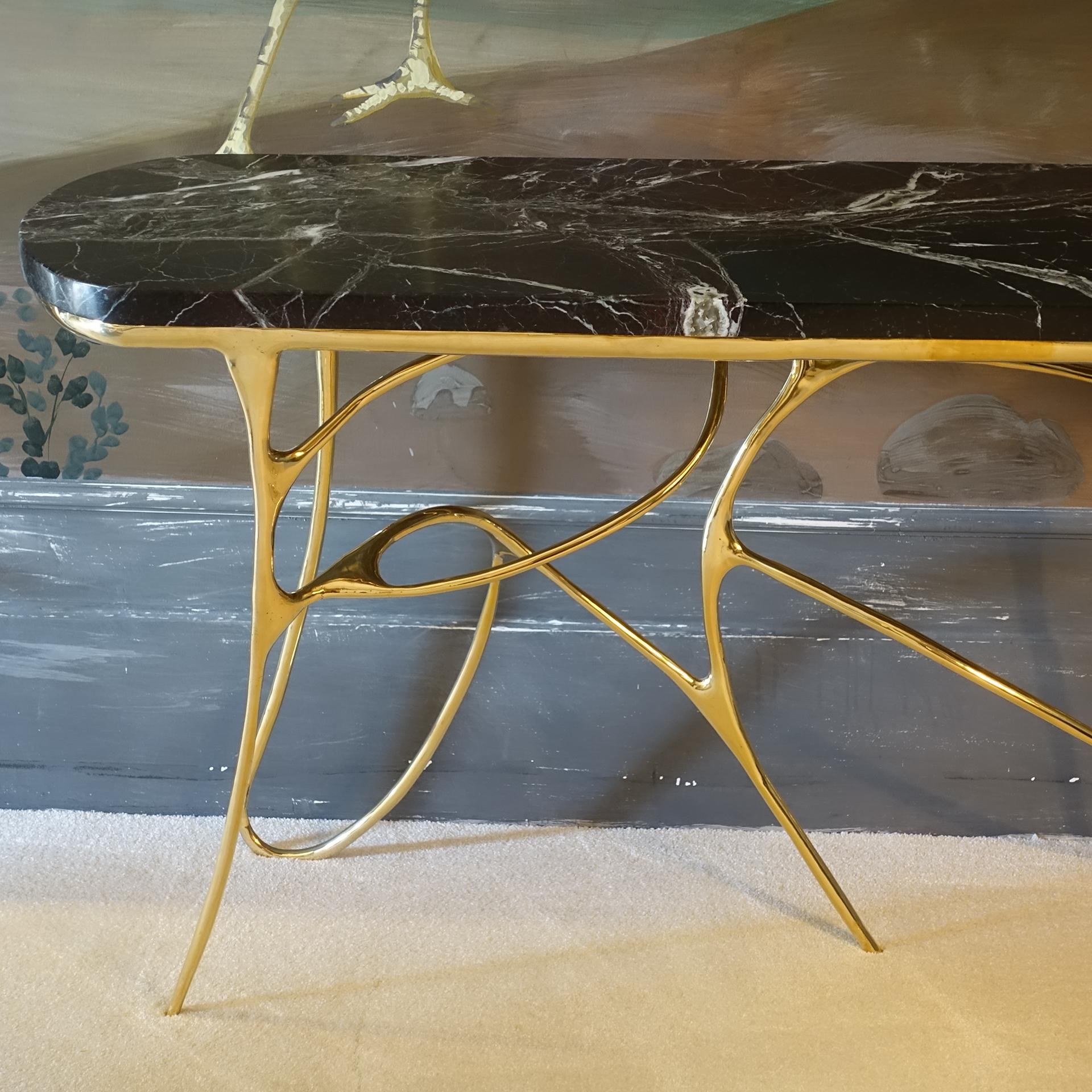 Contemporary Sculptural Brass Console and Red Levanto Marble Top 4