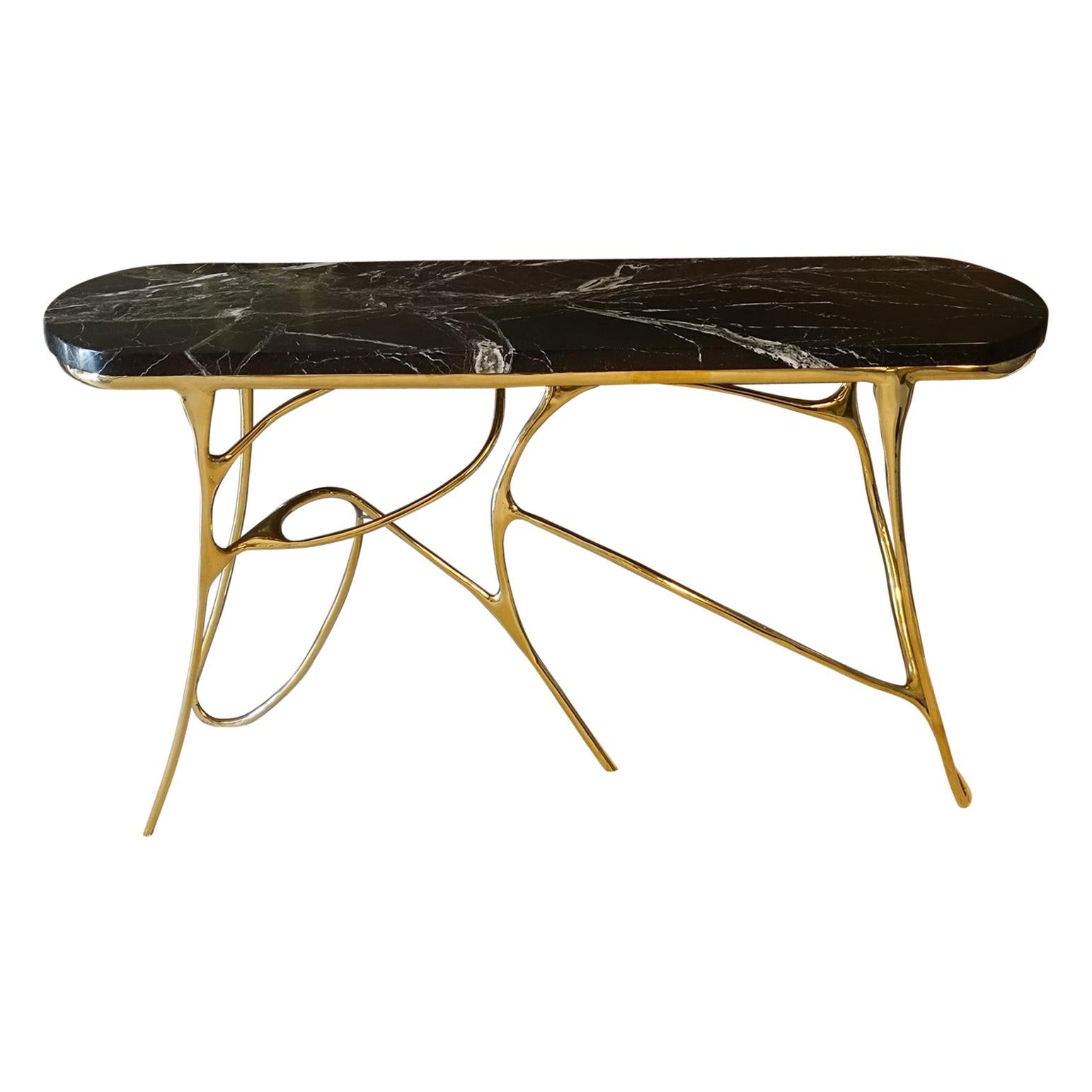 Contemporary Sculptural Brass Console and Red Levanto Marble Top
