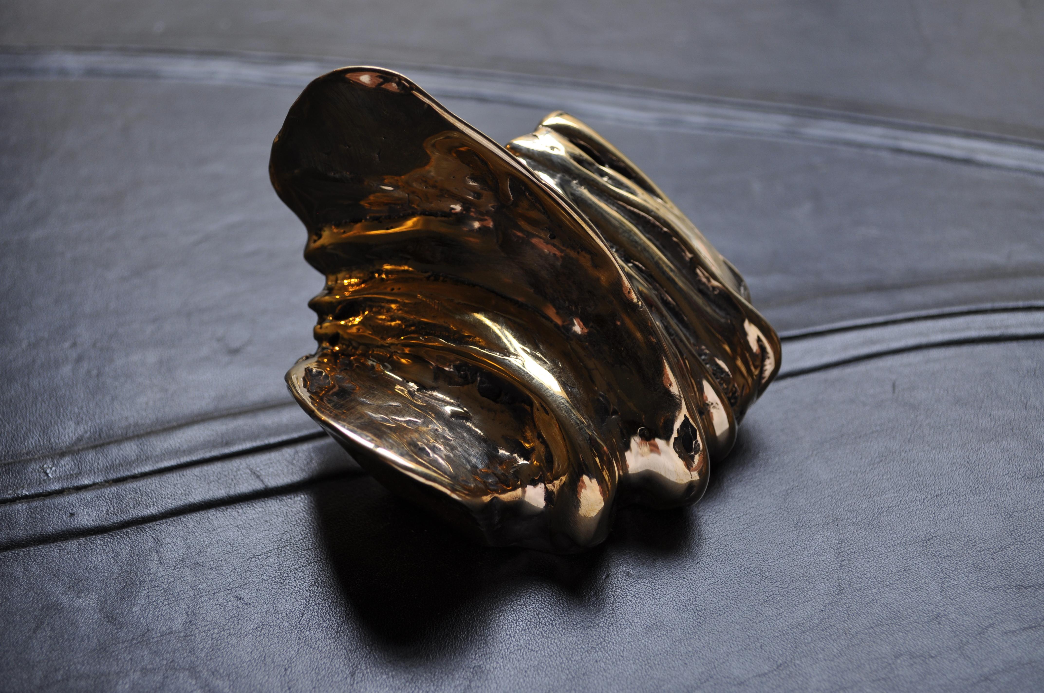 Small shiny sculpture that evokes vegetal and marine forms, smooth to the touch and made in bronze casting, according to the ancient technique of French sand molds. This handle is a sculptural touch for any closet or furniture.