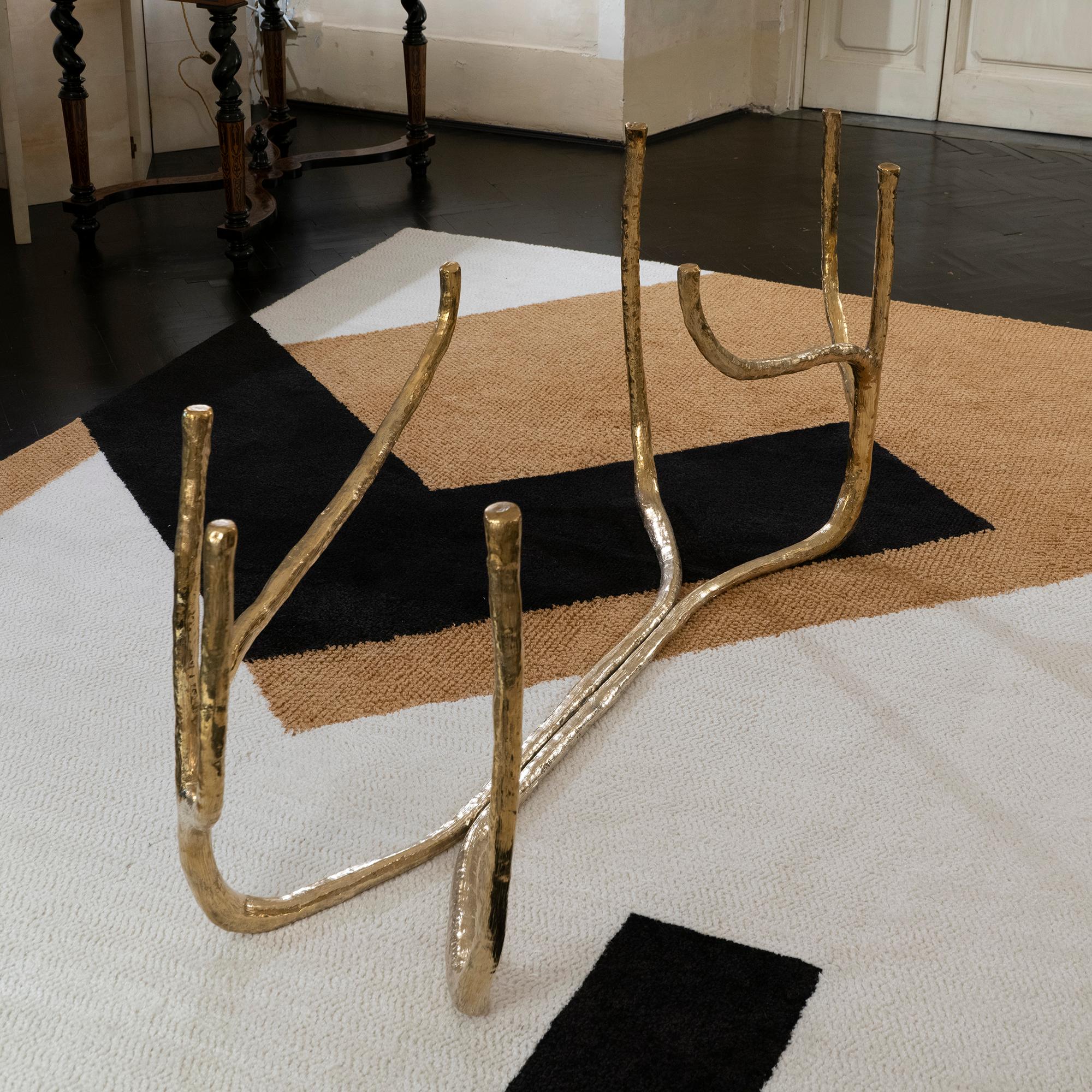 Italian Contemporary Sculptural Center or Dining Table, Brass and Smoked Tempered Glass