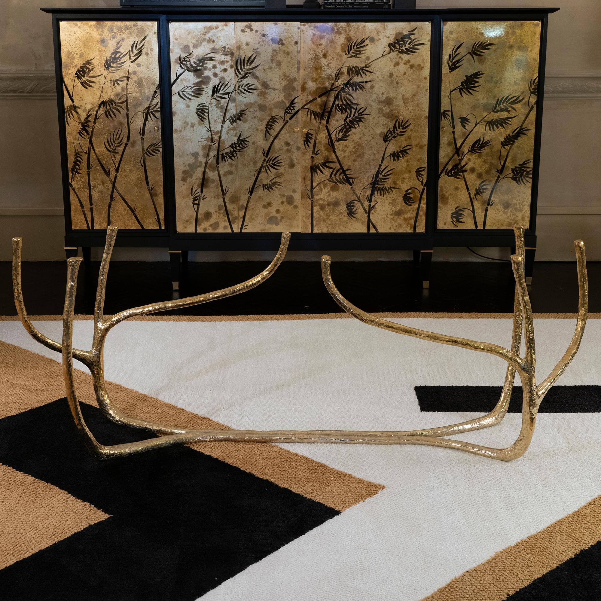 Contemporary Sculptural Center or Dining Table, Brass and Smoked Tempered Glass In New Condition In Firenze, IT