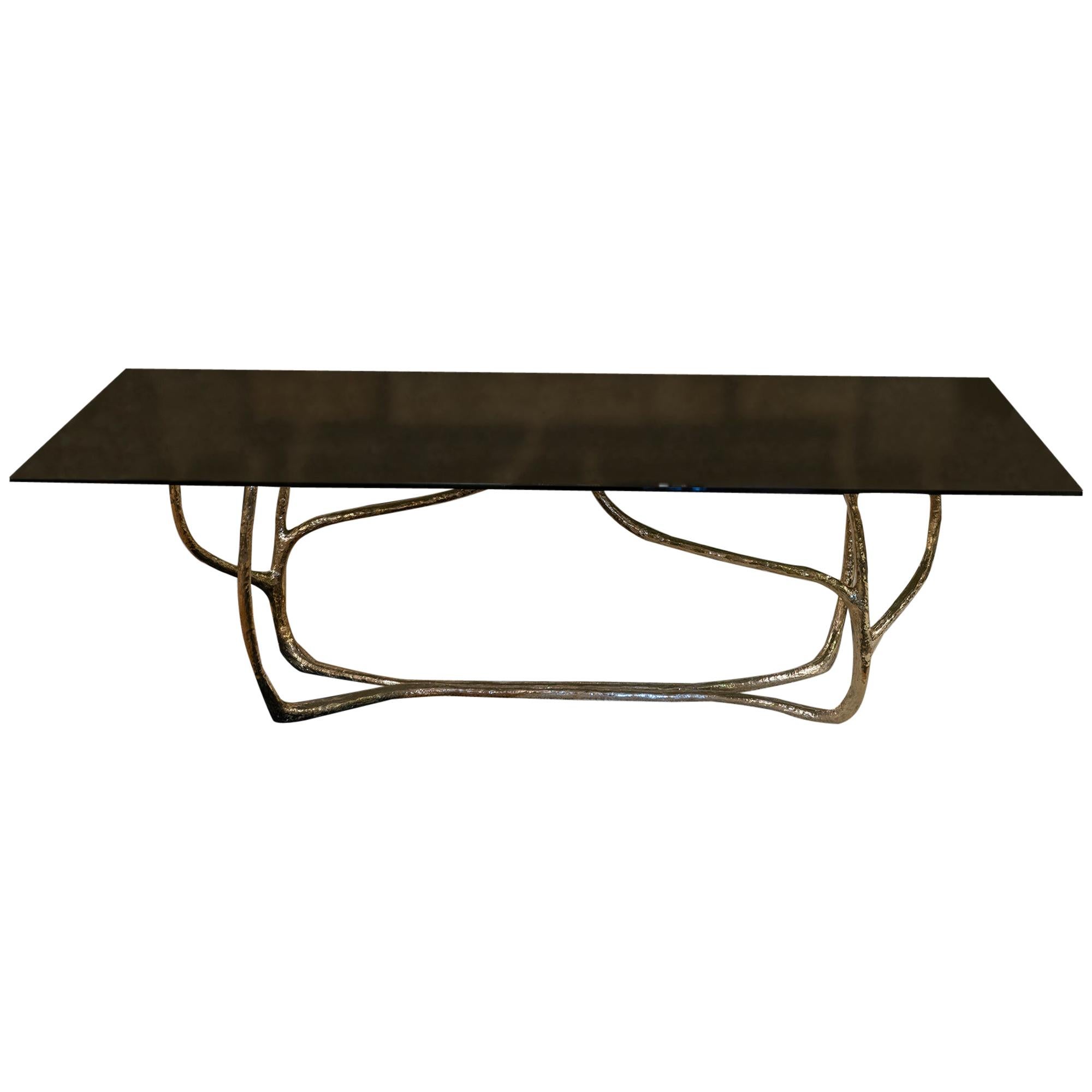Contemporary Sculptural Center or Dining Table, Brass and Smoked Tempered Glass