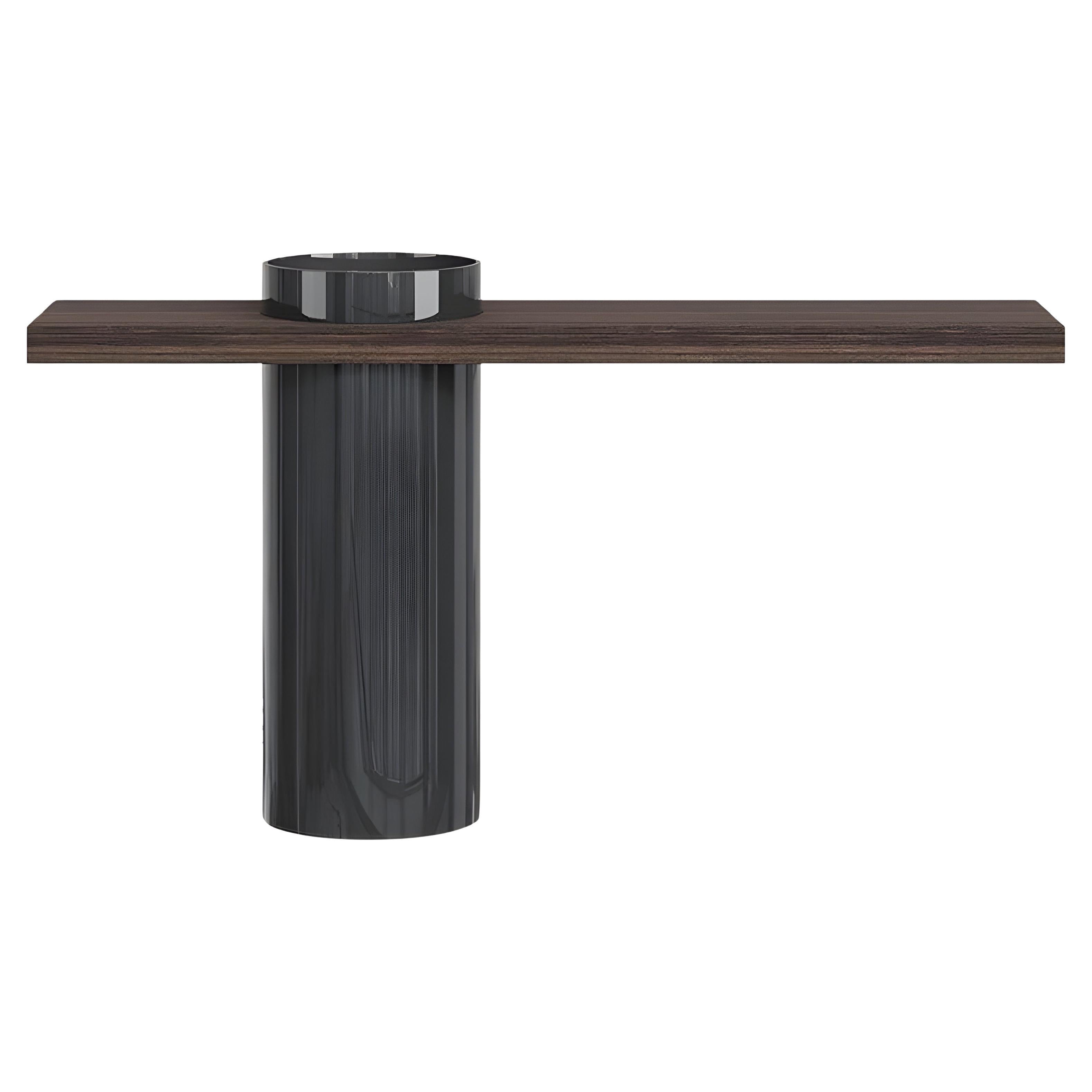 Contemporary Sculptural Console: High Gloss Cylindrical Base & Matte Walnut Top For Sale