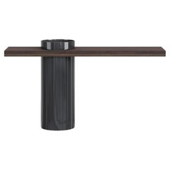 Contemporary Sculptural Console: High Gloss Cylindrical Base & Matte Walnut Top