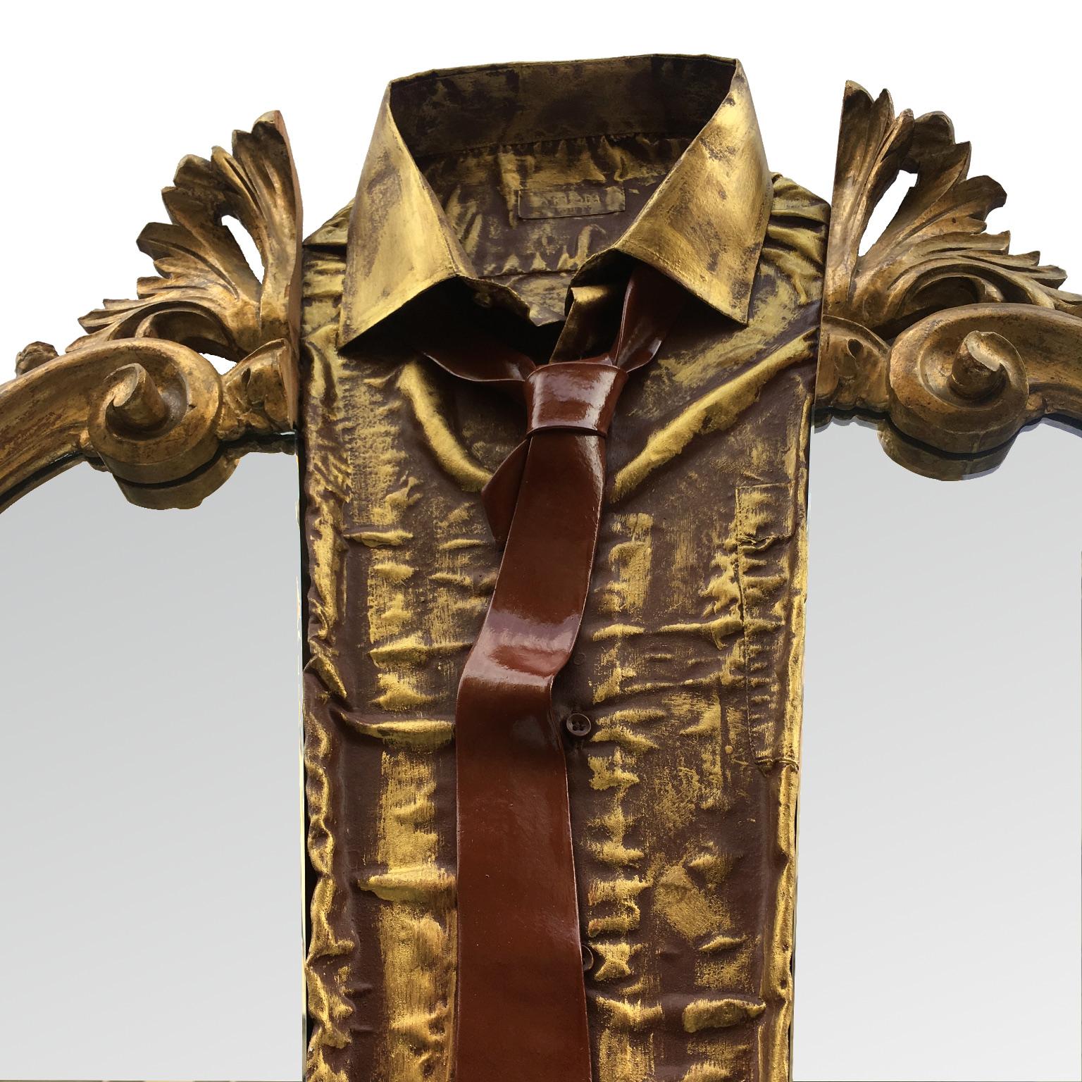 Fabric One-of-a-kind Italian Design Rococo Golden Wall Mirror Wearing Shirt and Tie For Sale
