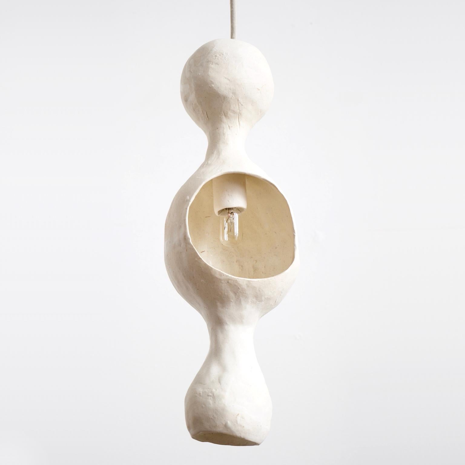 Modern Contemporary Sculptural Hand-Built Double-Shell Matte White Ceramic Pendant Lamp For Sale