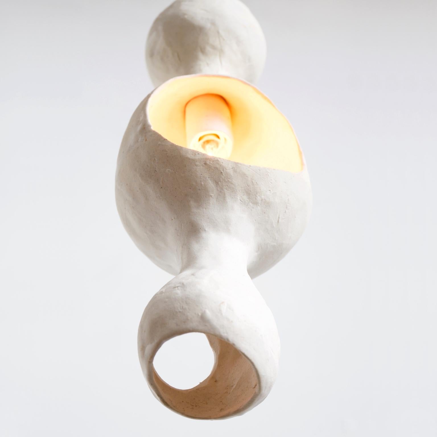 American Contemporary Sculptural Hand-Built Double-Shell Matte White Ceramic Pendant Lamp For Sale