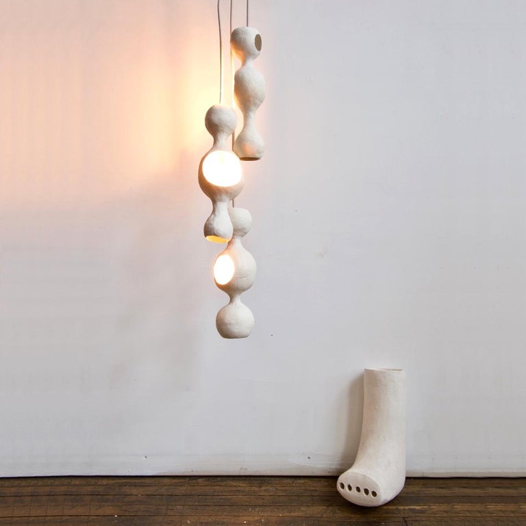 Modern Contemporary Sculptural Hand-Built Multi-Shell Matte White Ceramic Pendant Lamp For Sale
