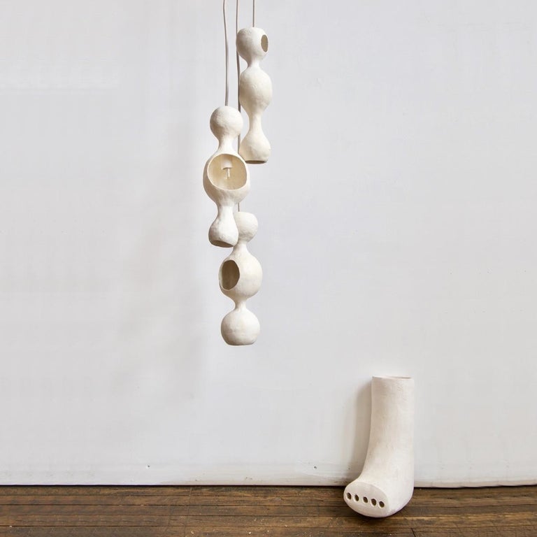 American Contemporary Sculptural Hand-Built Multi-Shell Matte White Ceramic Pendant Lamp For Sale