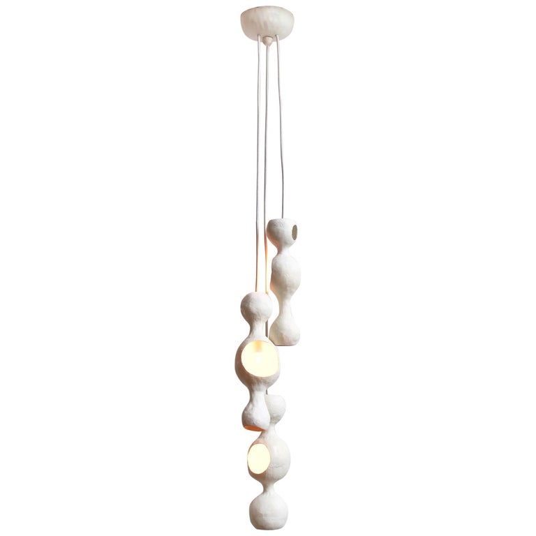 Contemporary Sculptural Hand-Built Multi-Shell Matte White Ceramic Pendant Lamp For Sale