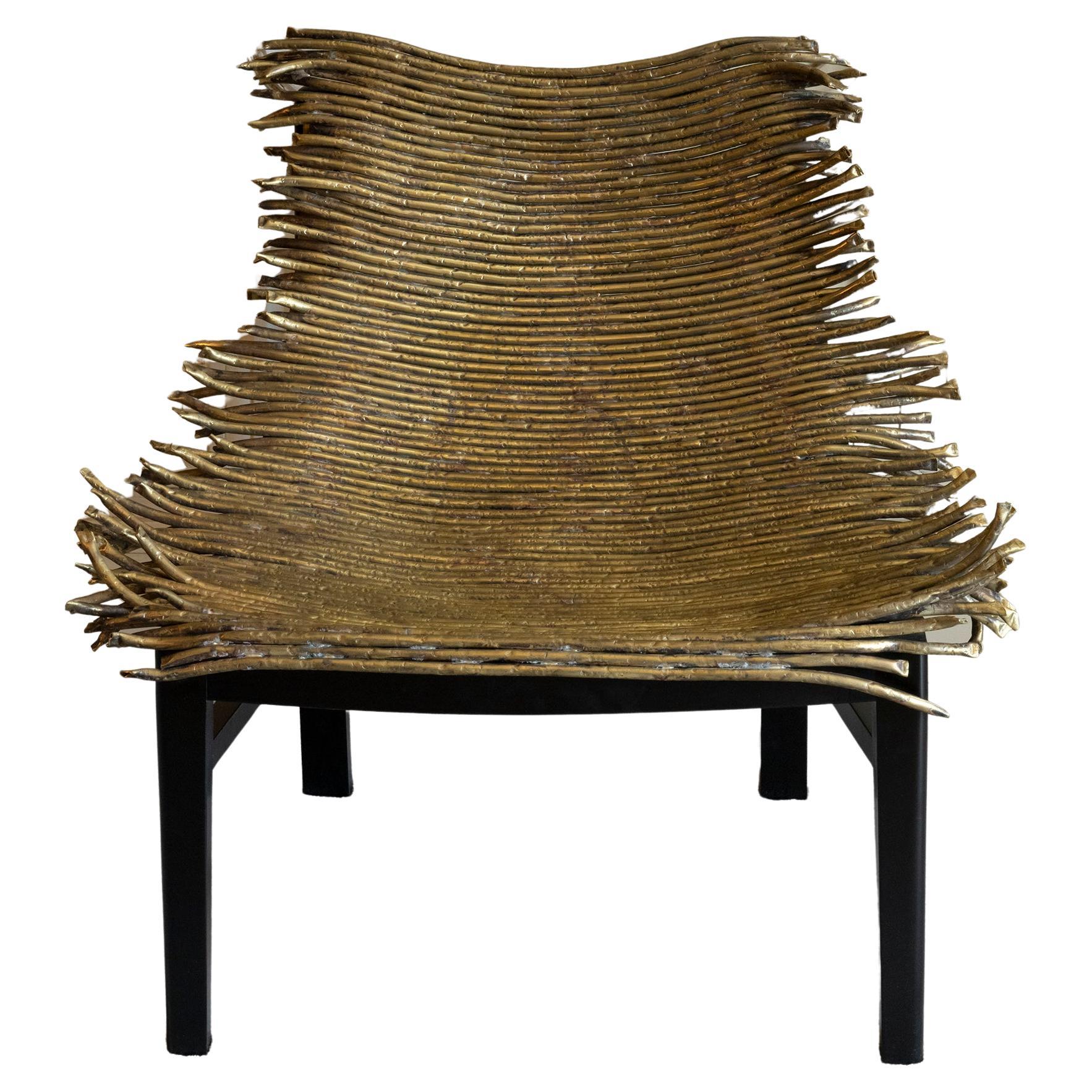 Contemporary Sculptural Lounge Chair Brutalist Style Brass and Wood For