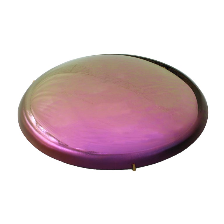 Modern sculptural concavex French mirror. Wall hanging artwork handmade in pink molded glass. Finished with bronze finial details on the back to hang on the wall. Unique piece. Made in France.

Our main target is customer satisfaction, so we