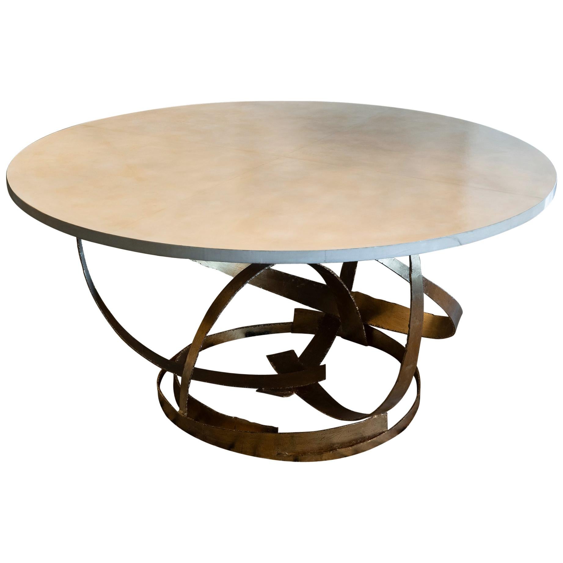 Contemporary Sculptural Round Center Table, Gold Metal Base, Parchment