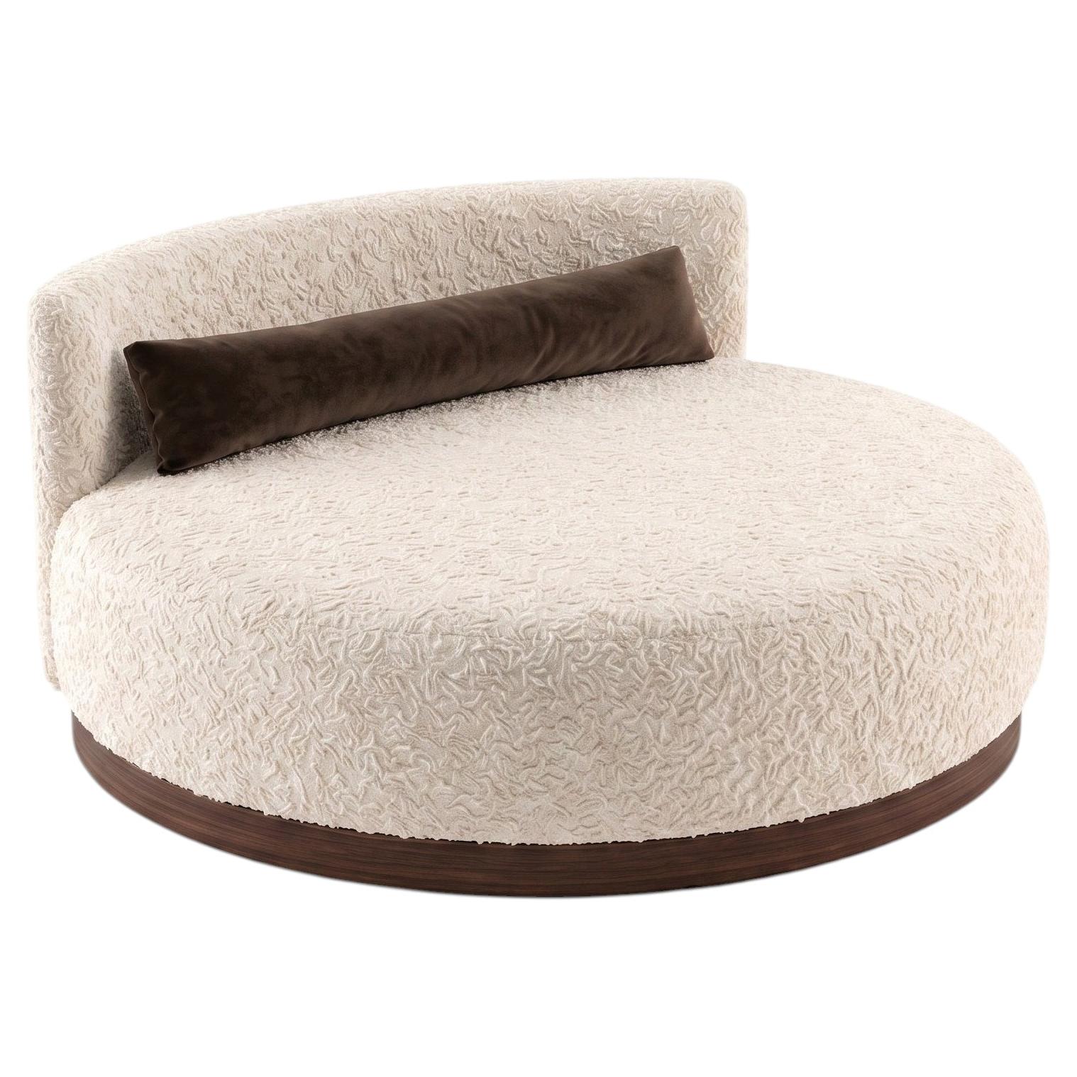 Contemporary Sculptural Round Daybed in Bouclé with Dark Walnut Plinth For Sale