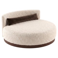 Contemporary Sculptural Round Daybed in Bouclé with Dark Walnut Plinth