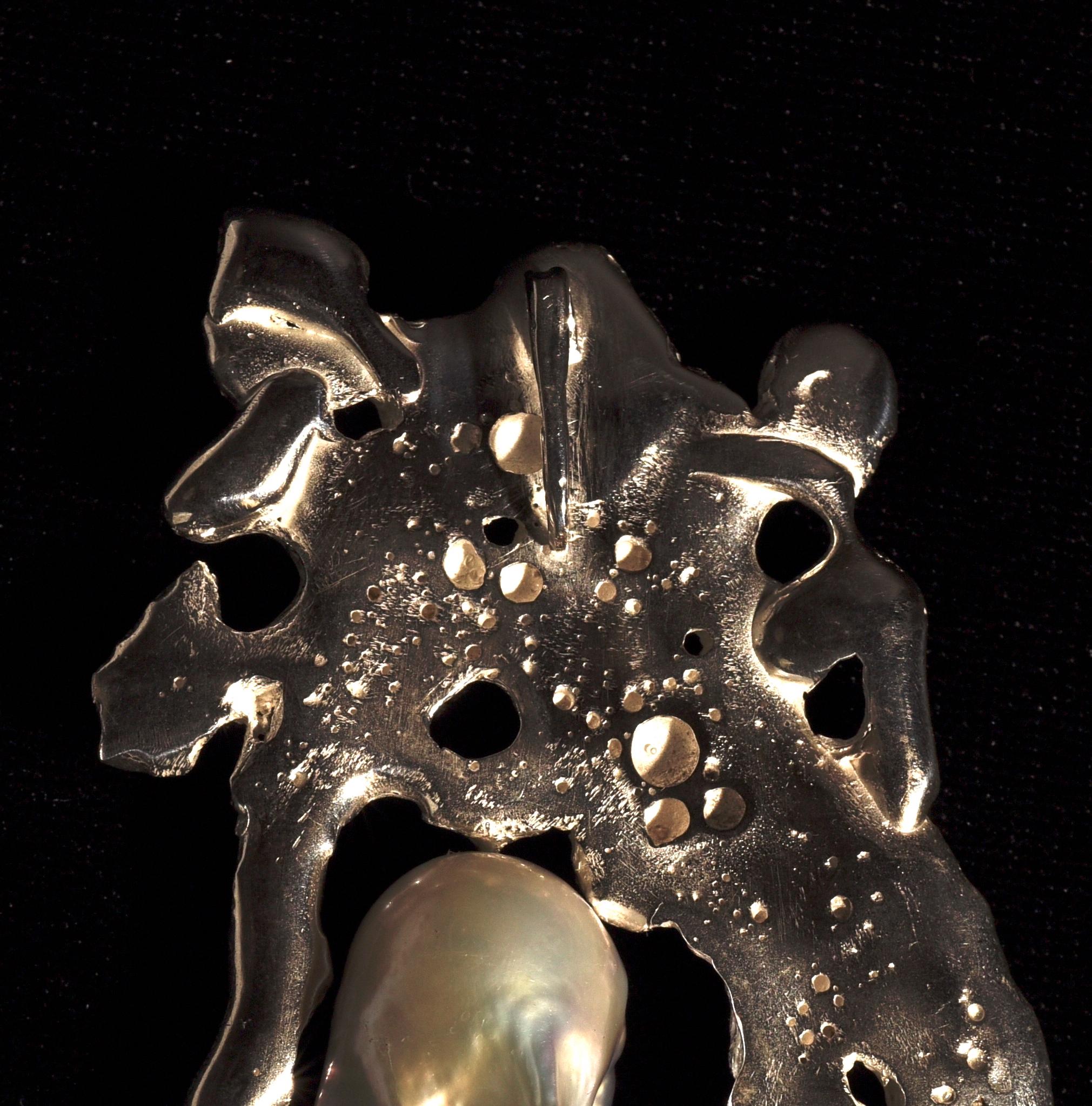 Uncut Contemporary, sculptural solid silver and freshwater pearl pendant  For Sale