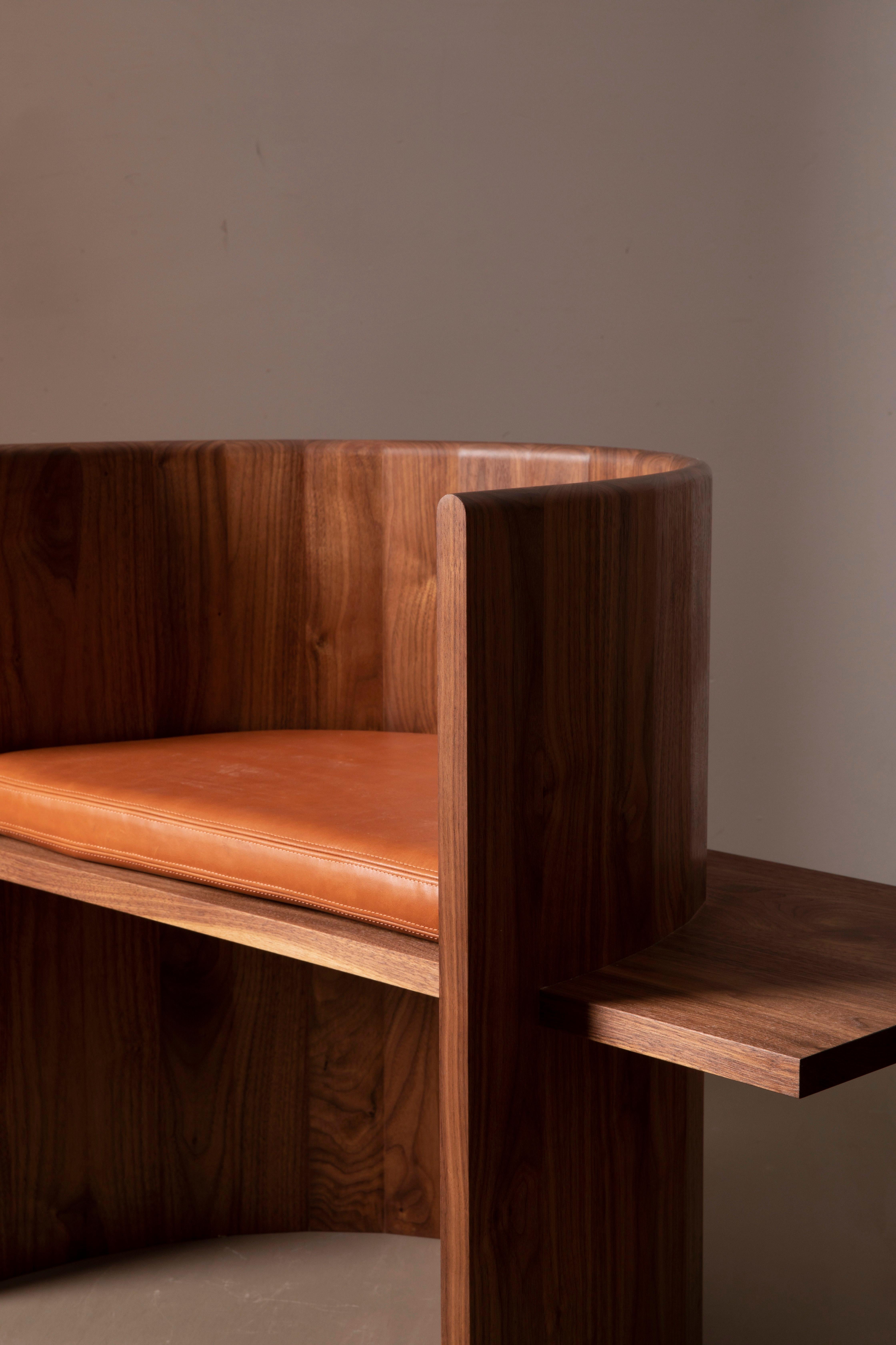 American Contemporary Sculptural Walnut and Leather Armchair by Campagna, in Stock For Sale