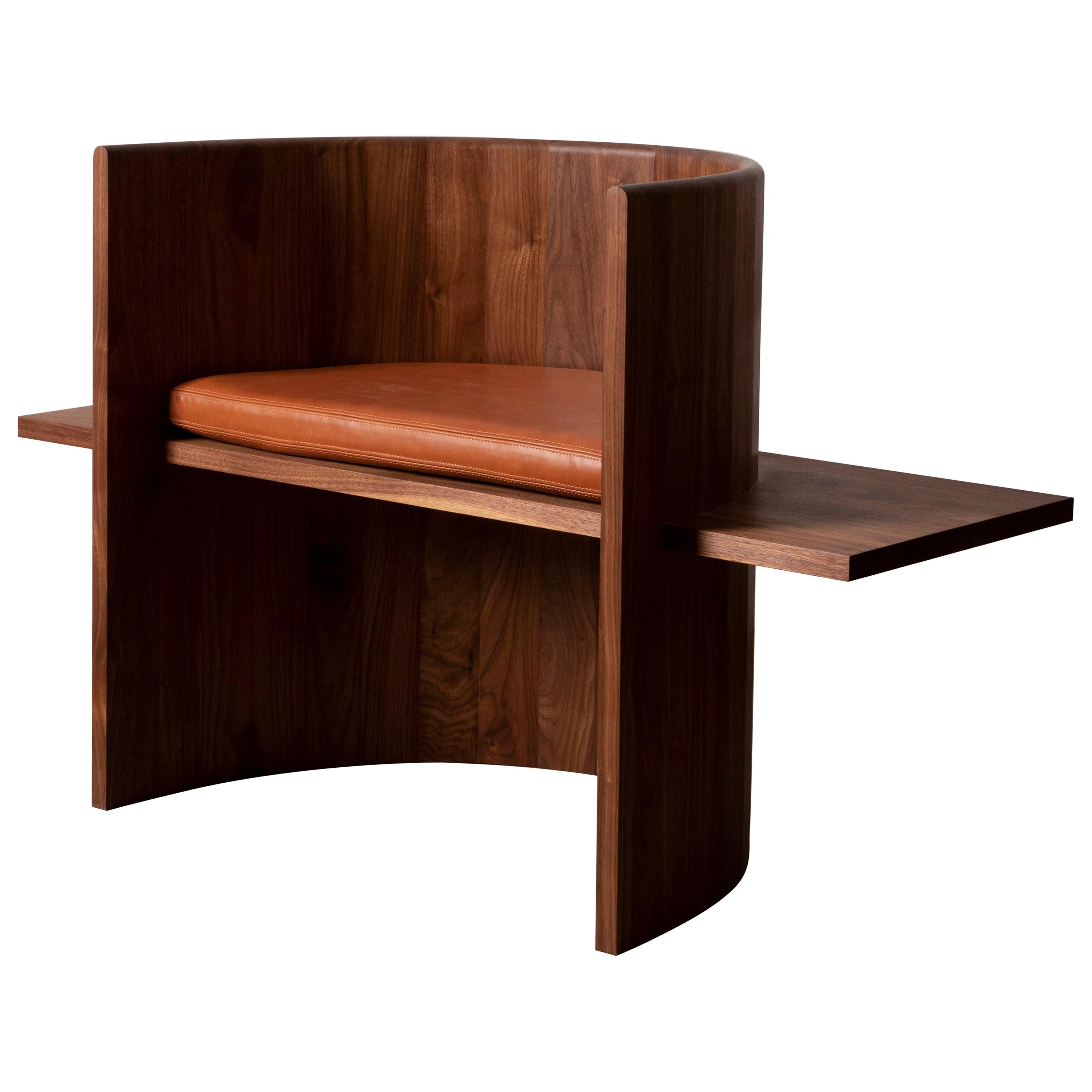 Contemporary Sculptural Walnut and Leather Armchair by Campagna, in Stock For Sale