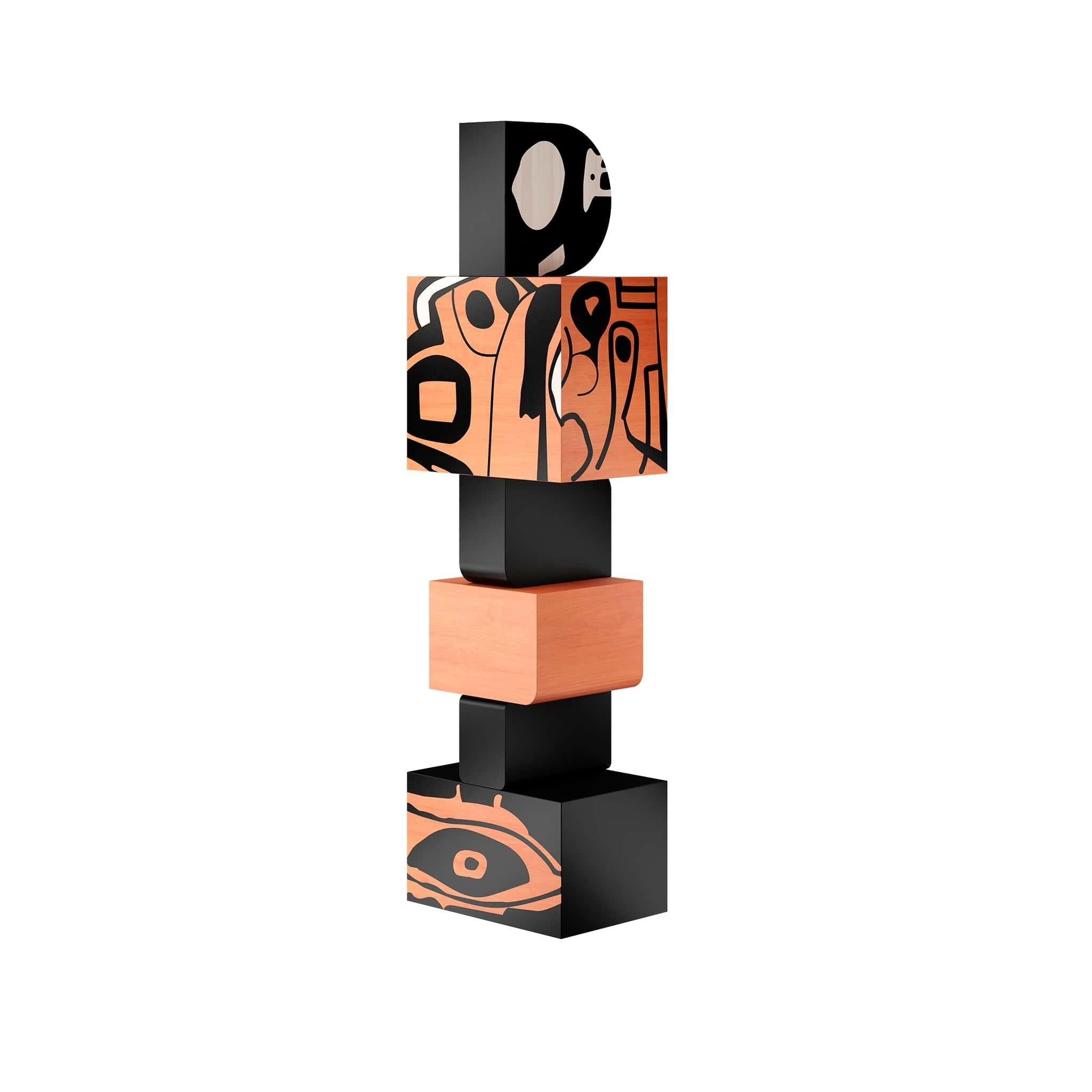 Tótem Escultórico Contemporáneo de Madera Geométrico Negro y Naranja Marquetería Tribal Portugués en venta