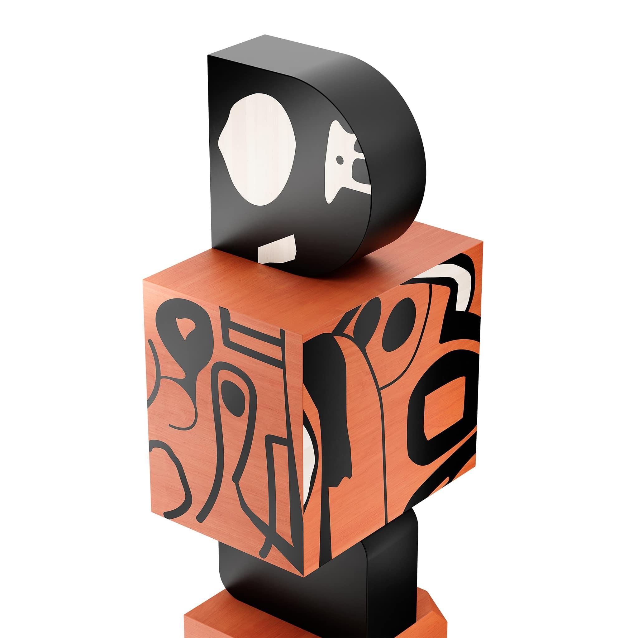 Tótem Escultórico Contemporáneo de Madera Geométrico Negro y Naranja Marquetería Tribal Carpintería en venta