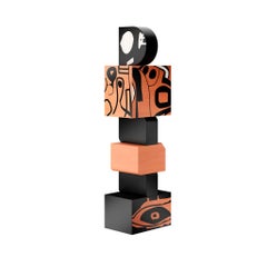 Contemporary Sculptural Wood Totem Geometric Black & Orange Tribal Marquetry