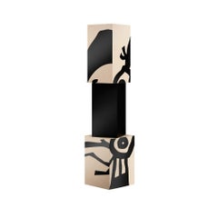 Contemporary Sculptural Wood Totem Geometric Shape Black & White Marquetry