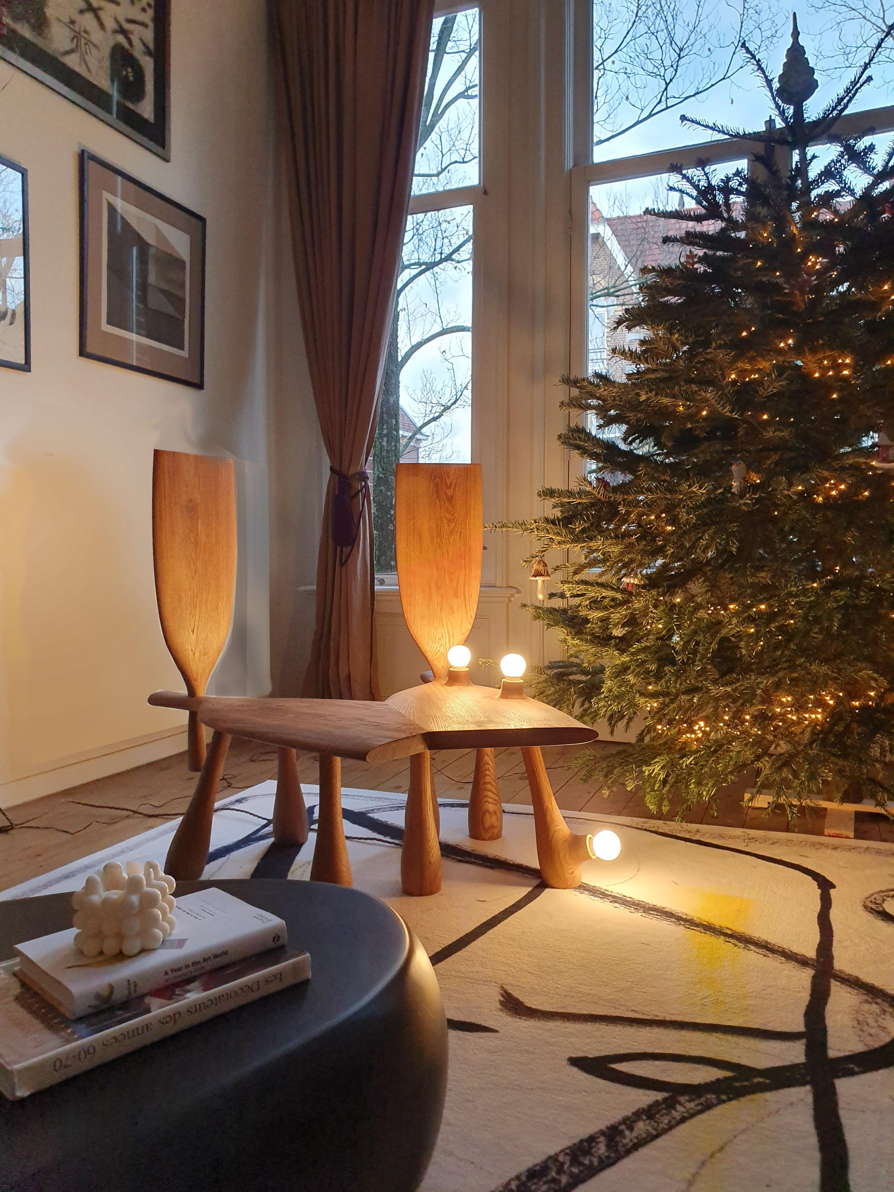 Chêne Banc en bois minimaliste ironique avec Lights Babushka #5 par Olga Engel en vente