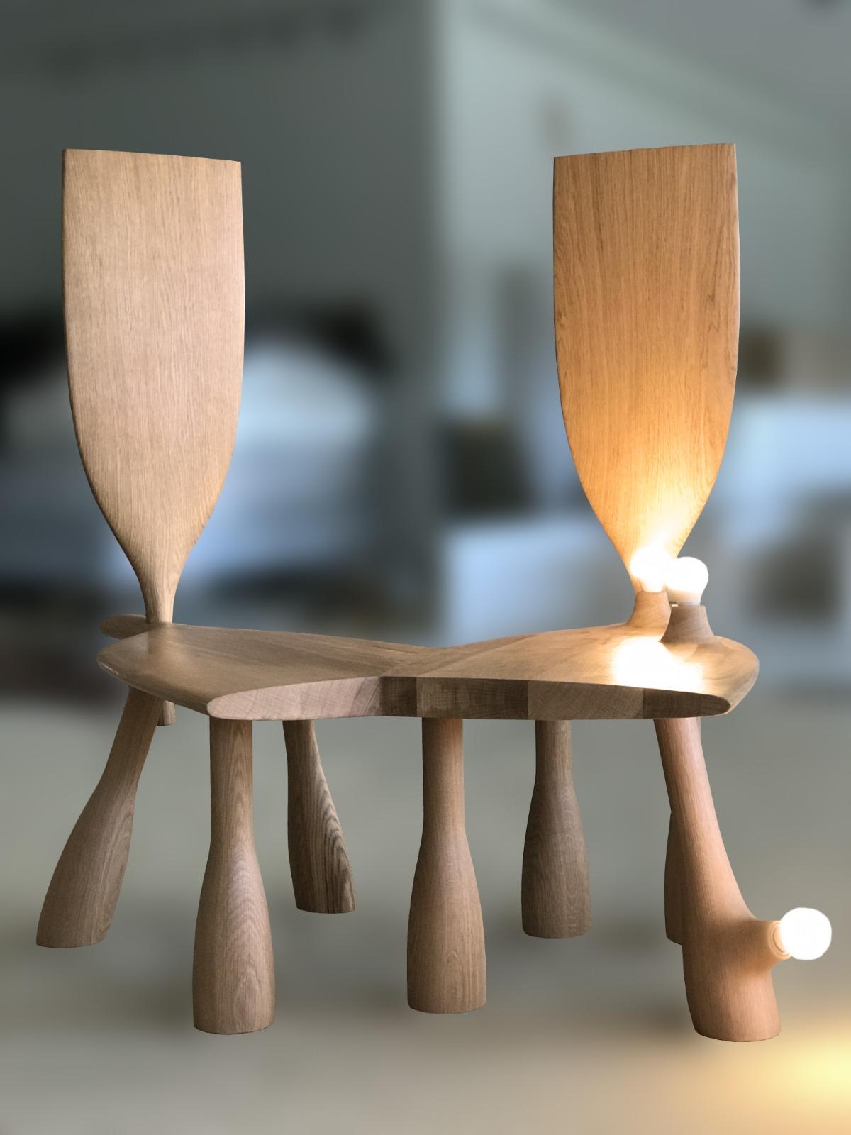 Letton Banc en bois minimaliste ironique avec Lights Babushka #5 par Olga Engel en vente