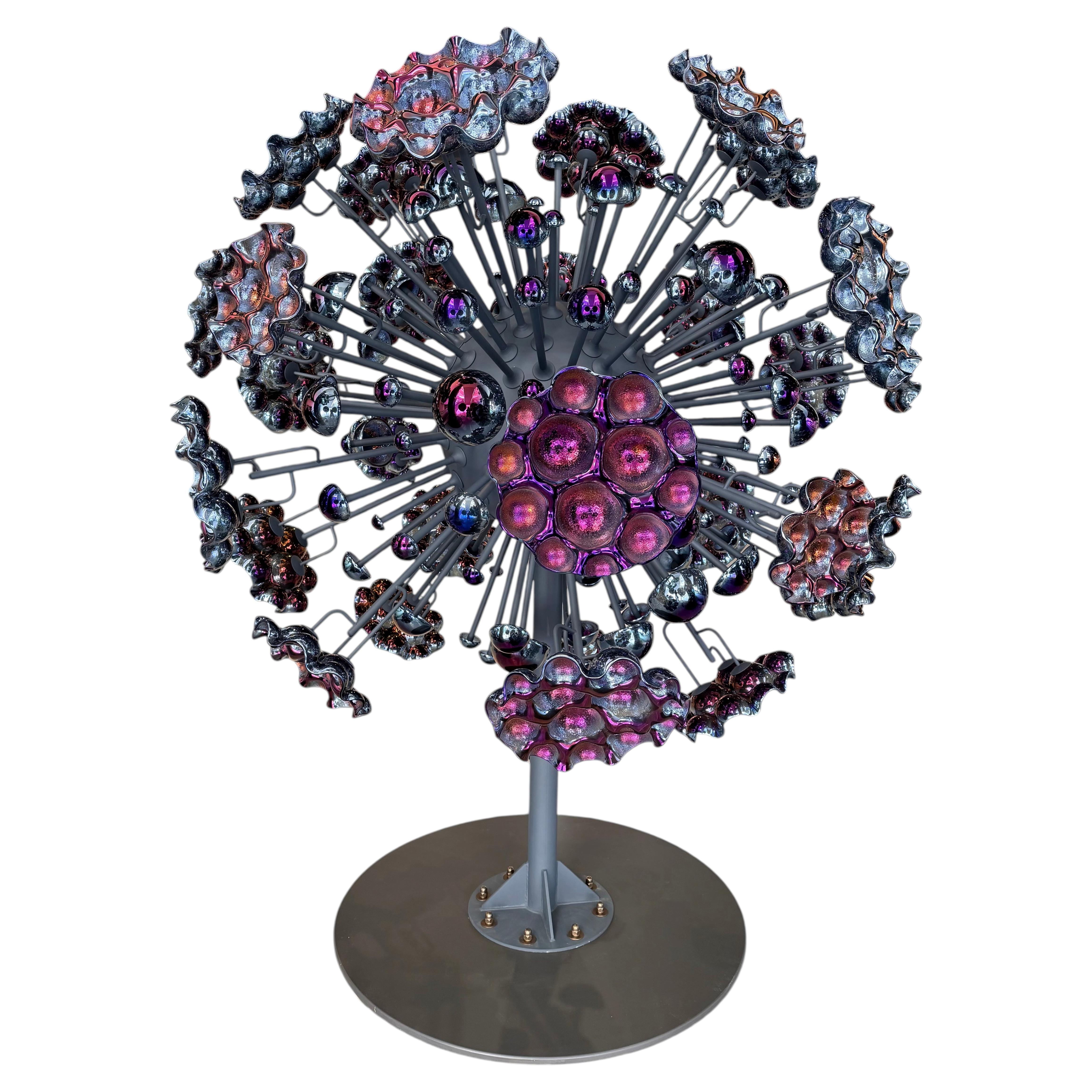Contemporary Sculpture "Purple Dandelion" made of glass and titanium.