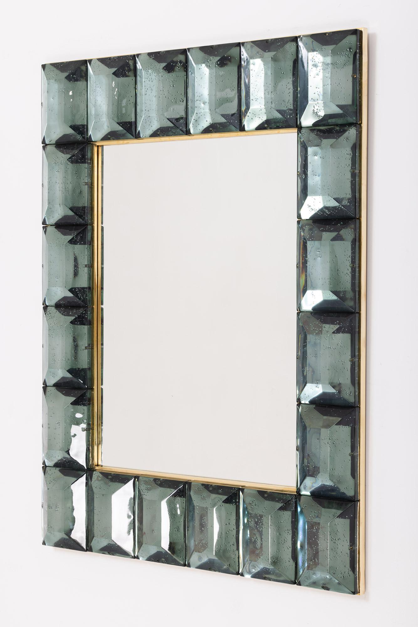Mid-Century Modern  Miroir contemporain en verre de Murano à blocs de diamants vert de mer, en stock en vente