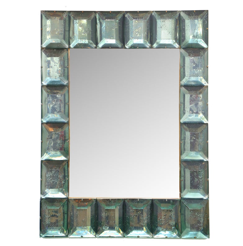  Contemporary Sea Green Diamond Murano Glass Blocks Mirror, In Stock