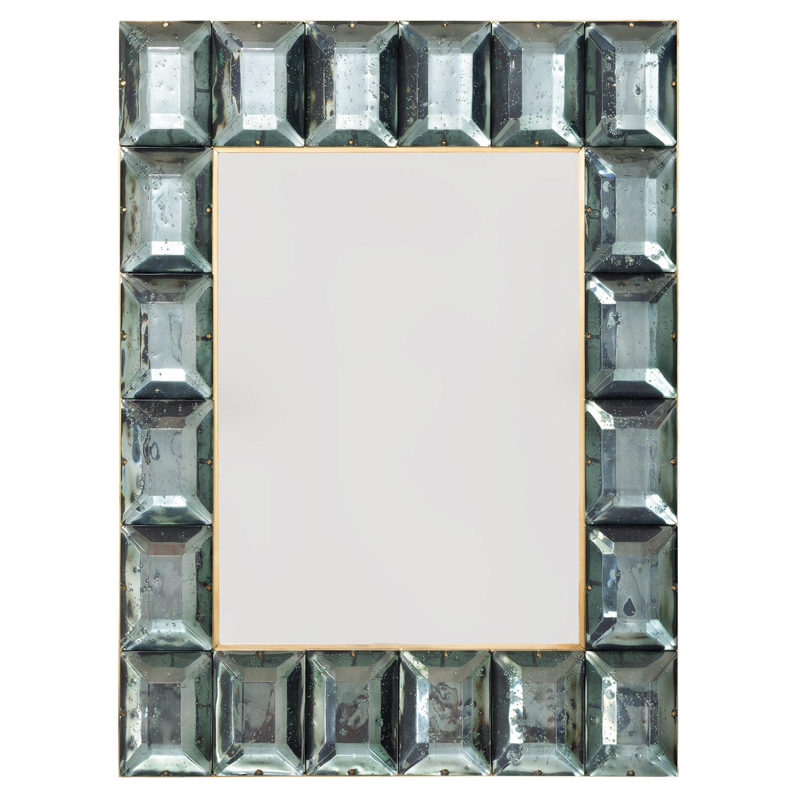 Miroir contemporain en verre de Murano à blocs de diamants vert de mer, en stock