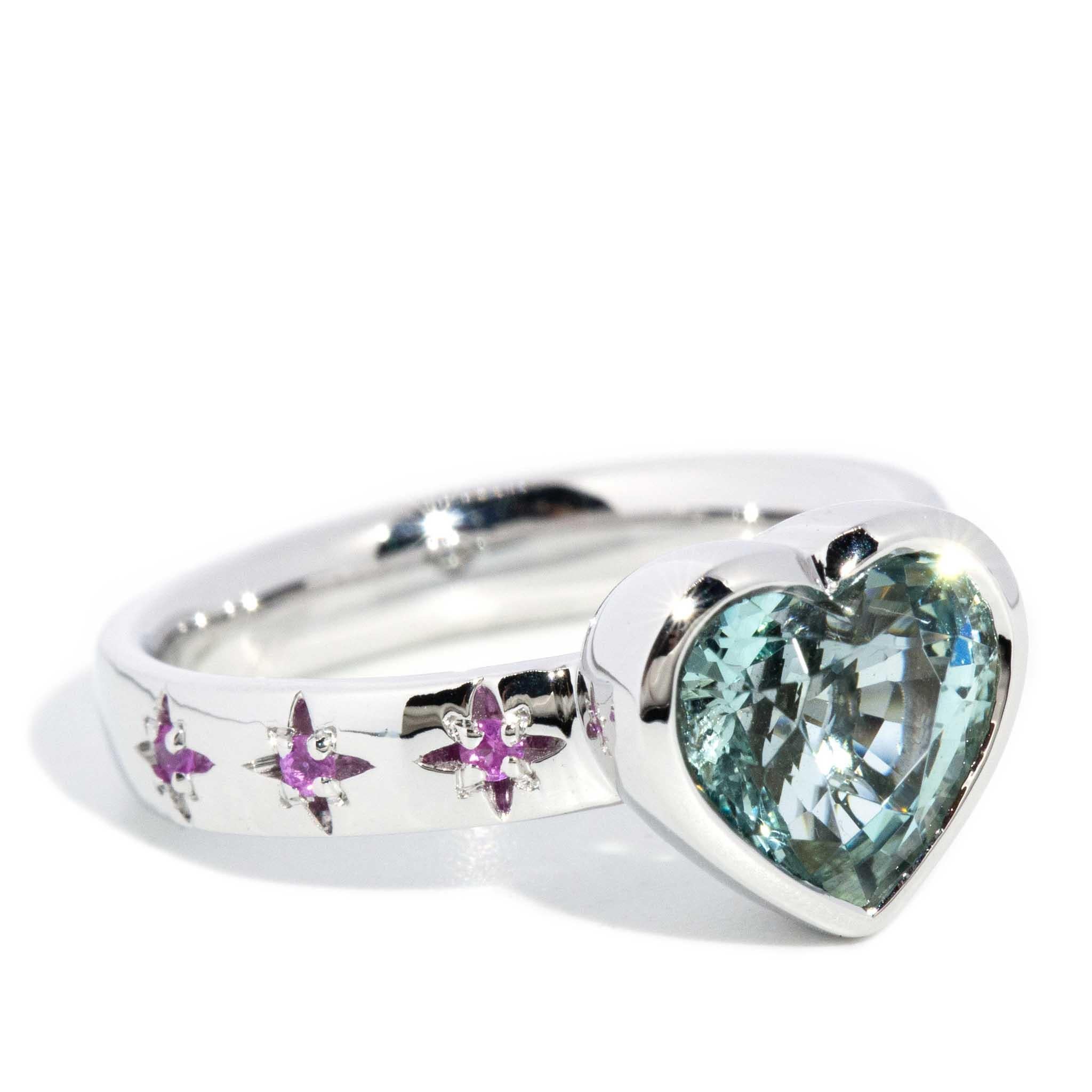 Heart Cut Contemporary Seafoam Aquamarine & Pink Sapphire Heart Ring 18 Carat White Gold For Sale