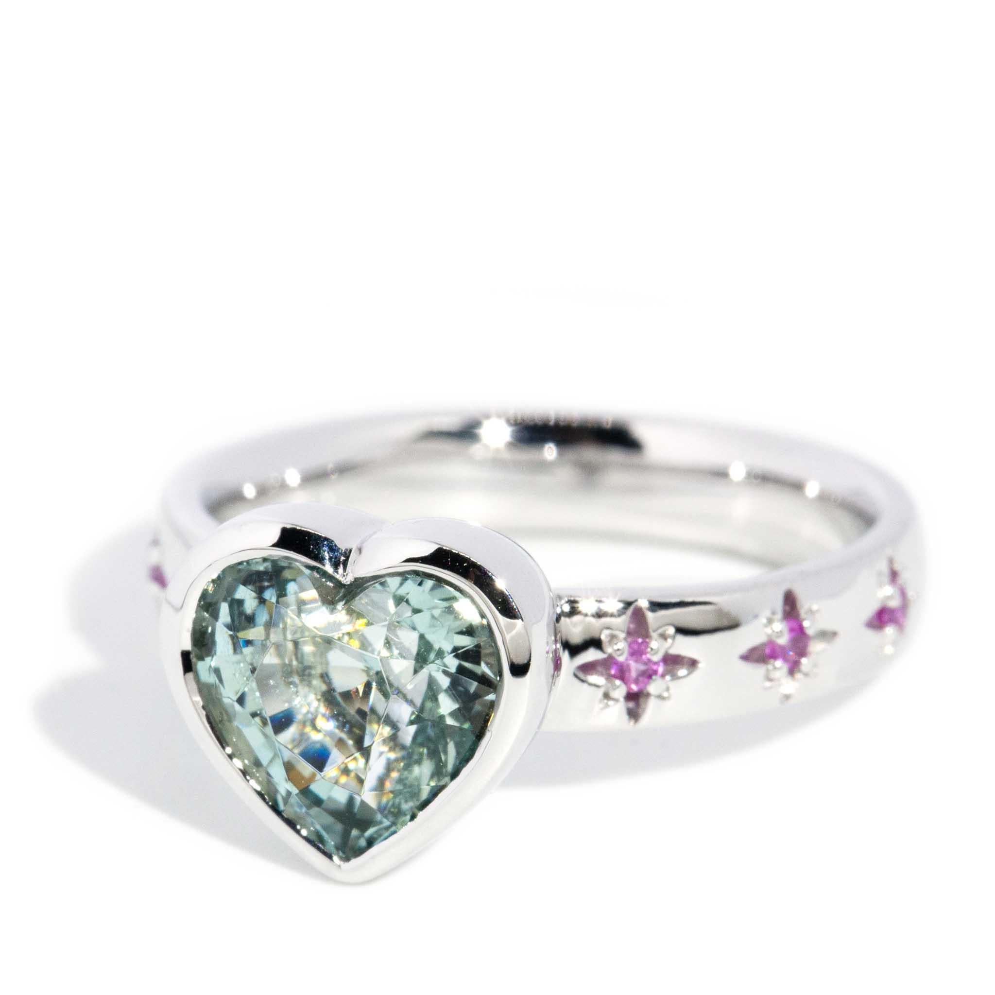 Women's Contemporary Seafoam Aquamarine & Pink Sapphire Heart Ring 18 Carat White Gold For Sale