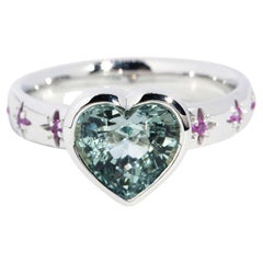 Contemporary Seafoam Aquamarine & Pink Sapphire Heart Ring 18 Carat White Gold