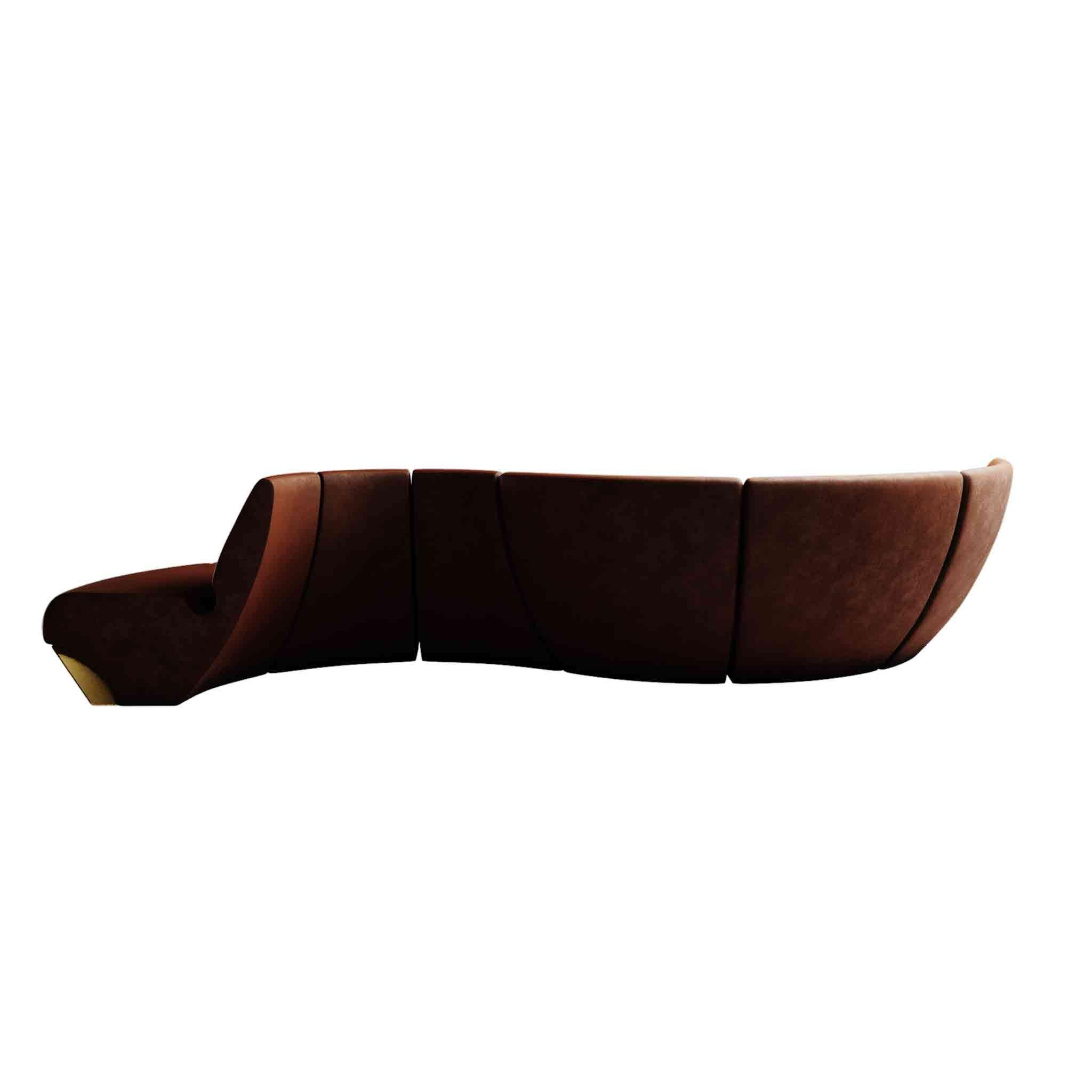 Mid-Century Modern Contemporary Sectional Curvy Sofa in Velvet Upholstery & Polished Brass Details For Sale