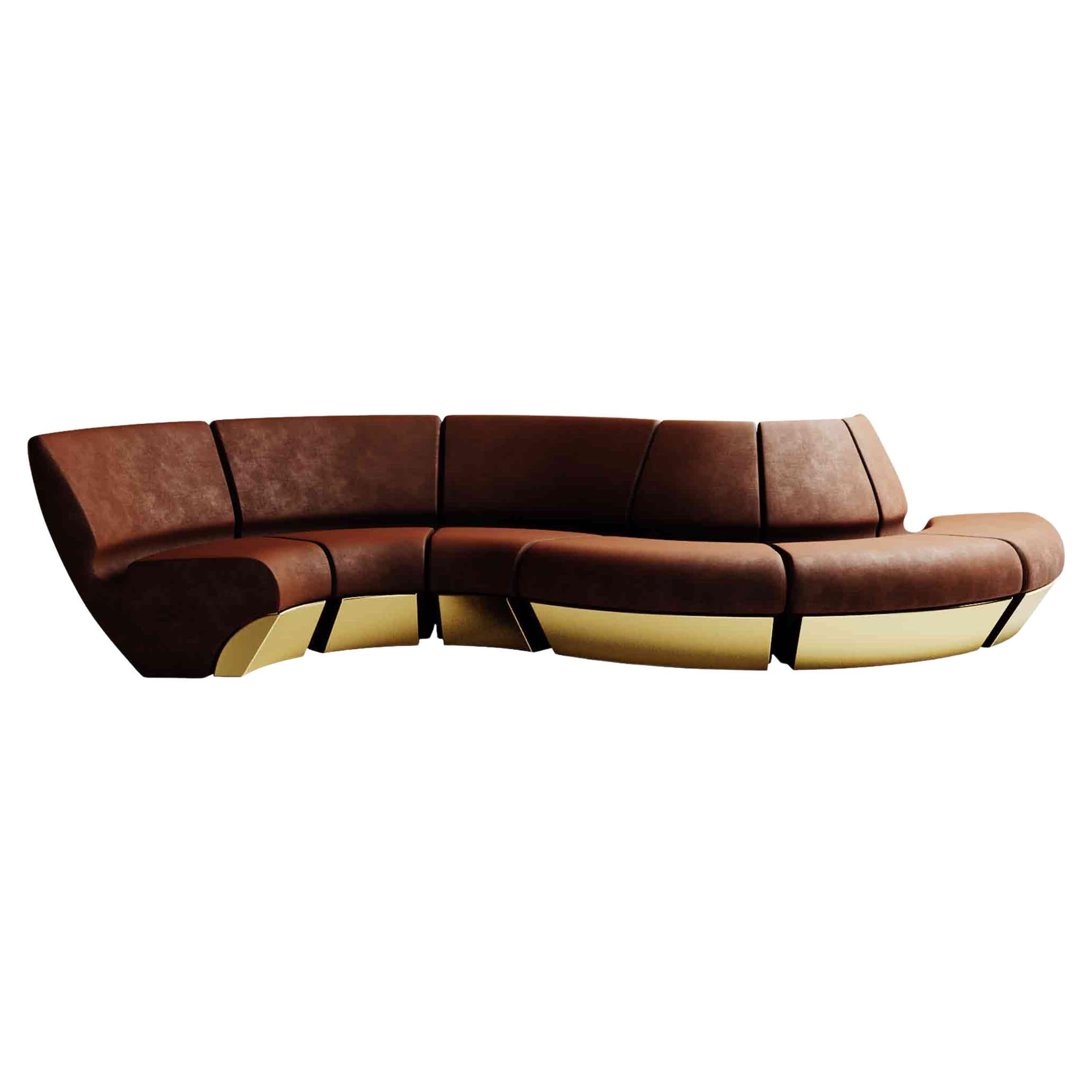 Contemporary Sectional Curvy Sofa in Velvet Upholstery & Polished Brass Details
