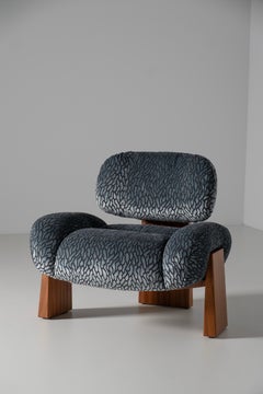 Contemporary Sense Sapelli Lounge Chair, Indigo Jacquard, Handmade by Greenapple