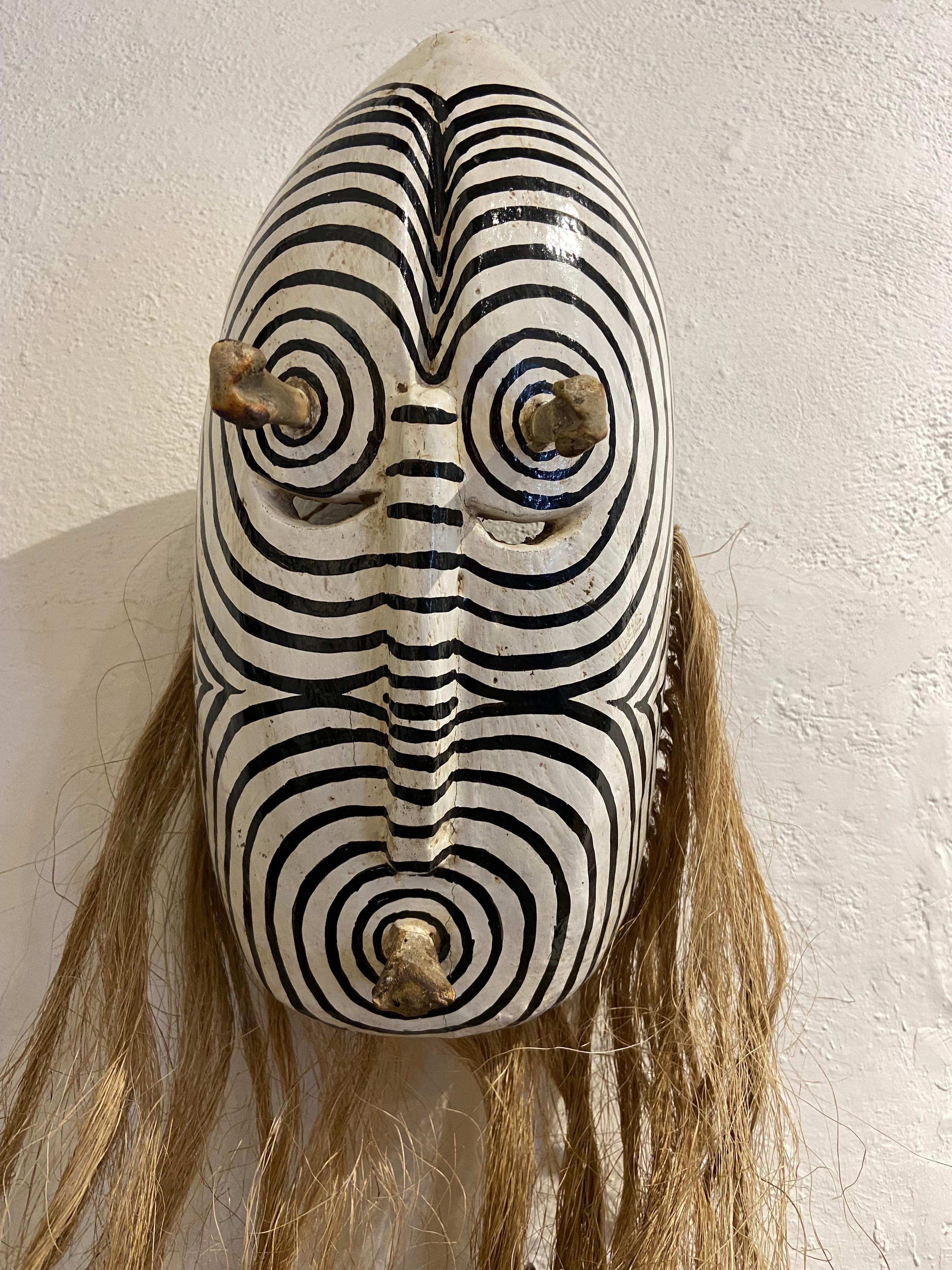 Contemporary wooden mask from the Seri people of Sonora, Mexico. The mane is made from natural agave ixtle fiber.