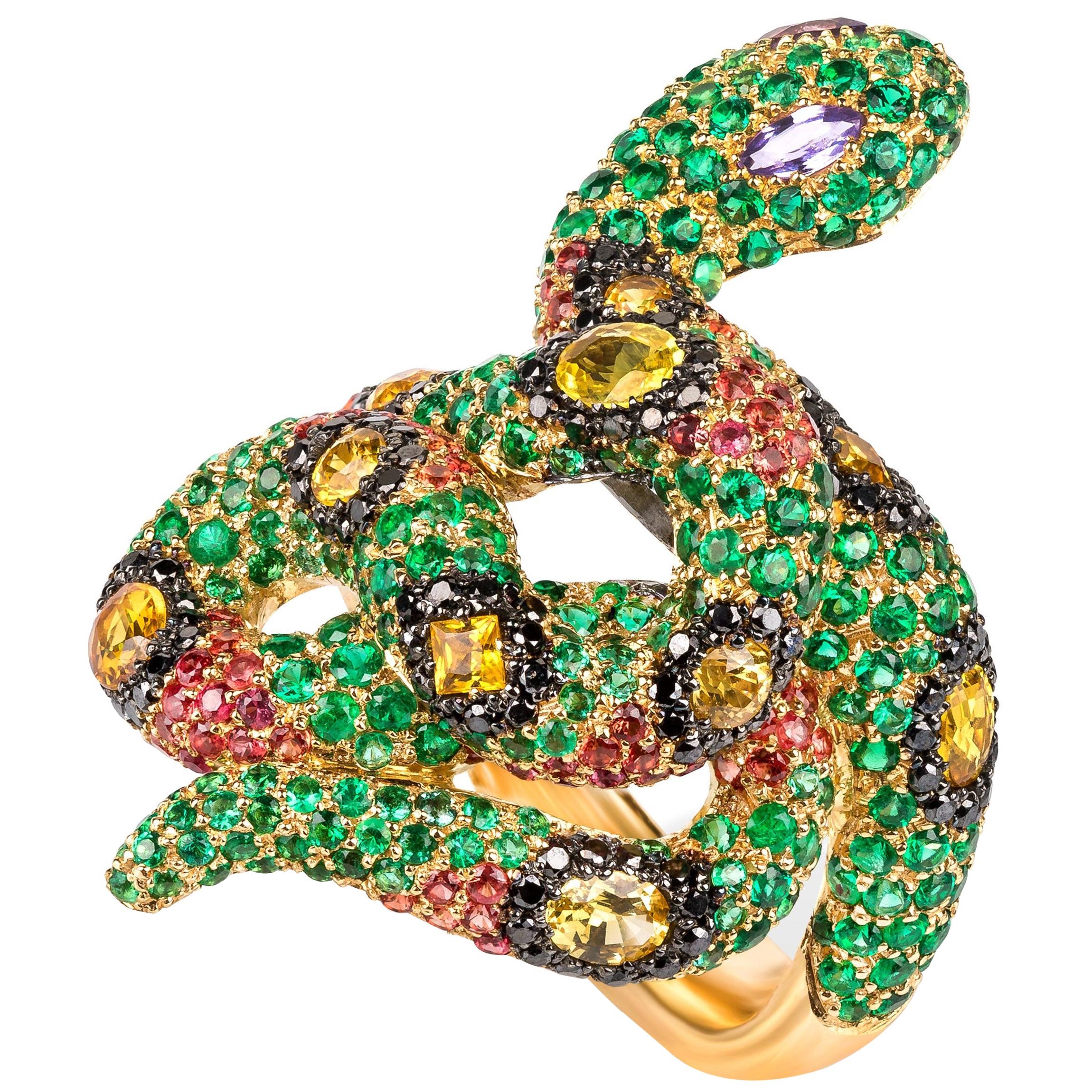 Rosior one-off Diamond, Emerald and Sapphire Contemporary "Serpent" Ring