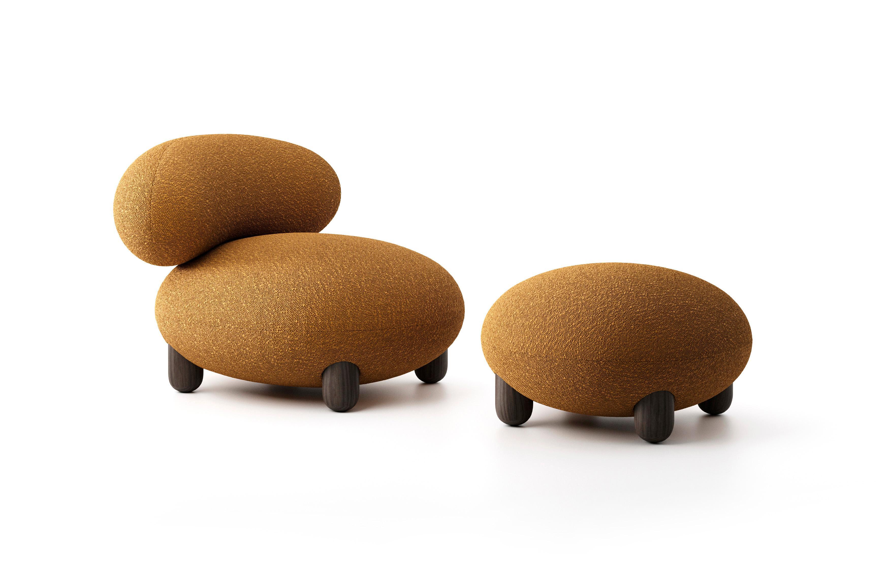 Set Flock : Lounge Chair with Ottoman
Designer: Kateryna Sokolova

Materials: wood, plywood, foam rubber, injection-molded soft foam, textile

Lounge Chair Dimensions: H 72 cm, W 90 cm, D 99 cm seat H 44 cm
Ottoman Dimensions: D - 70 cm, H 41