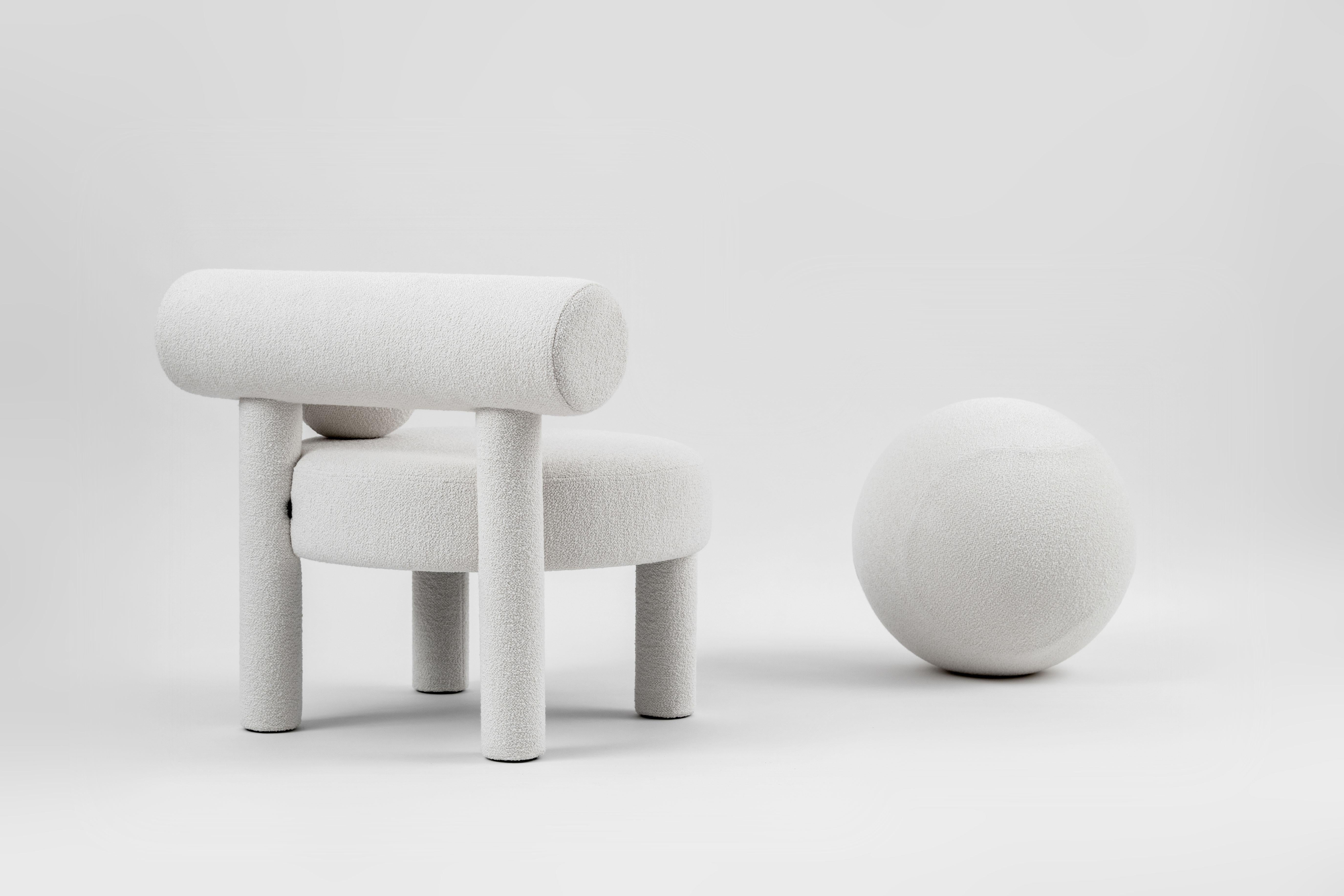 Contemporary Set 'Gropius' by Noom, Low Chair + Ottoman, Baloo Bouclé White For Sale 1
