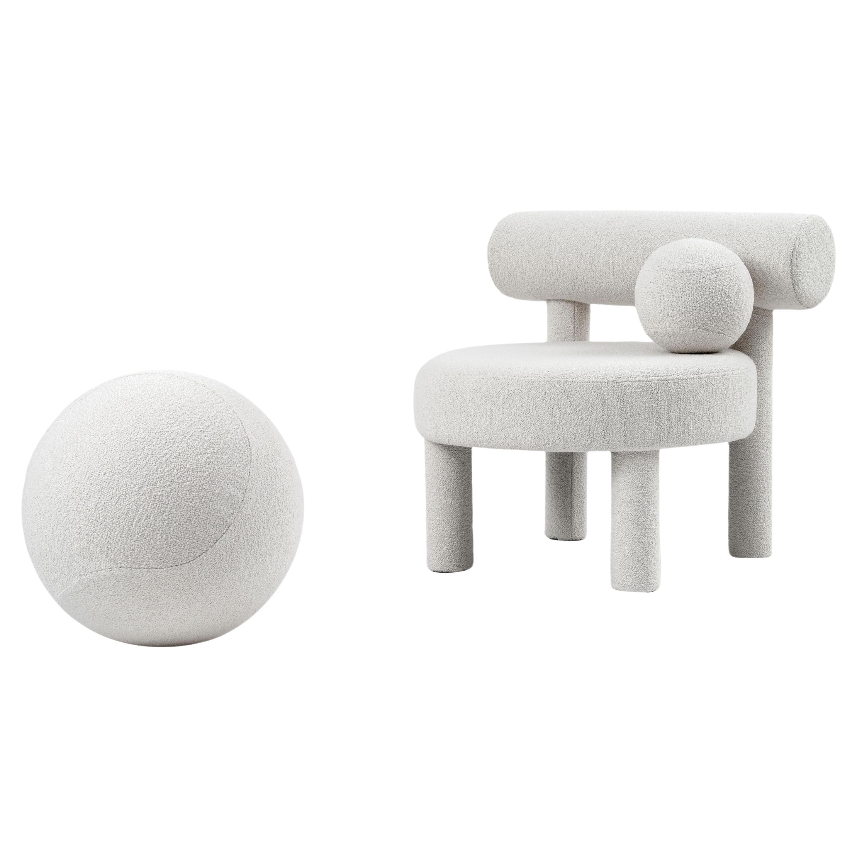Contemporary Set 'Gropius' by Noom, Low Chair + Ottoman, Baloo Bouclé White For Sale