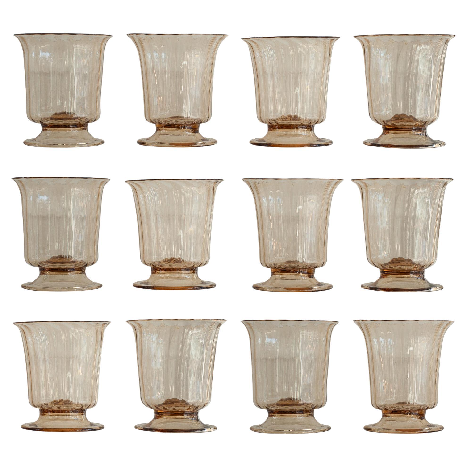 Contemporary Set of 12 Fluted Murano Glass Tumblers in Soft Amber 