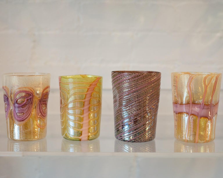 Italian Contemporary Set of 12 Purple, Gold, Green and Pink Murano Glass Tumblers For Sale