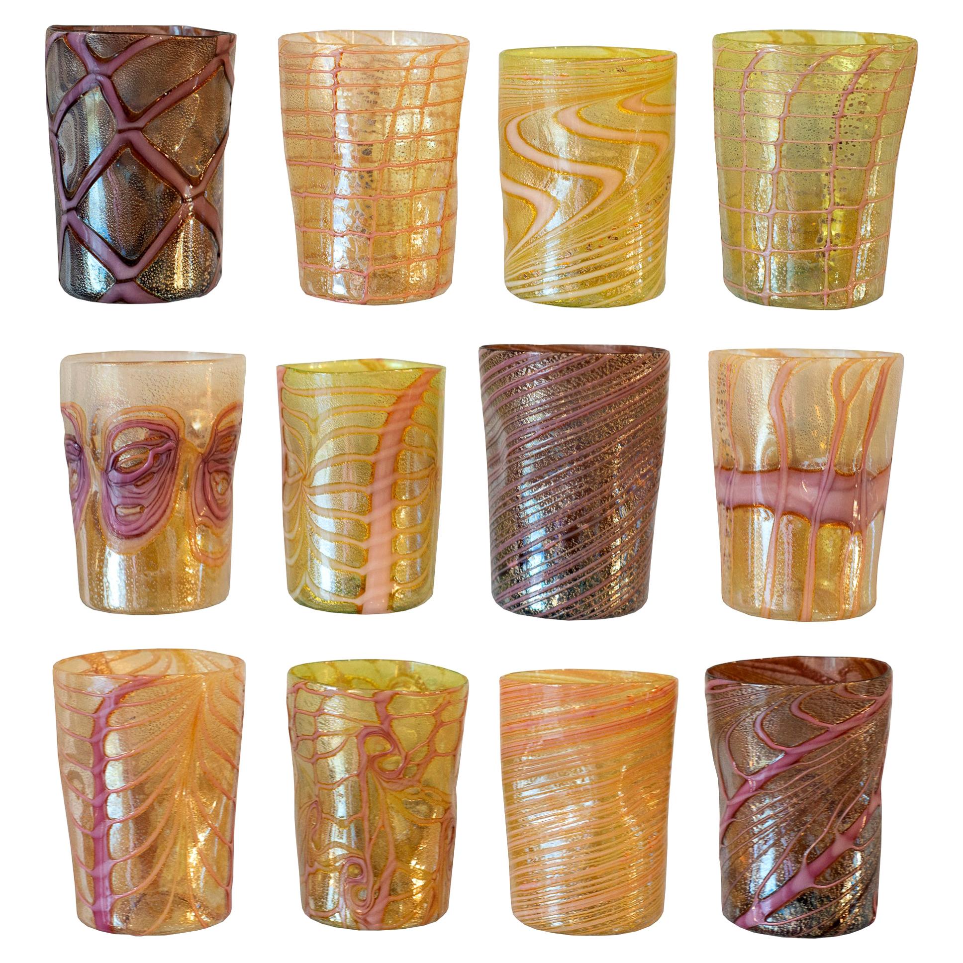 Contemporary Set of 12 Purple, Gold, Green and Pink Murano Glass Tumblers