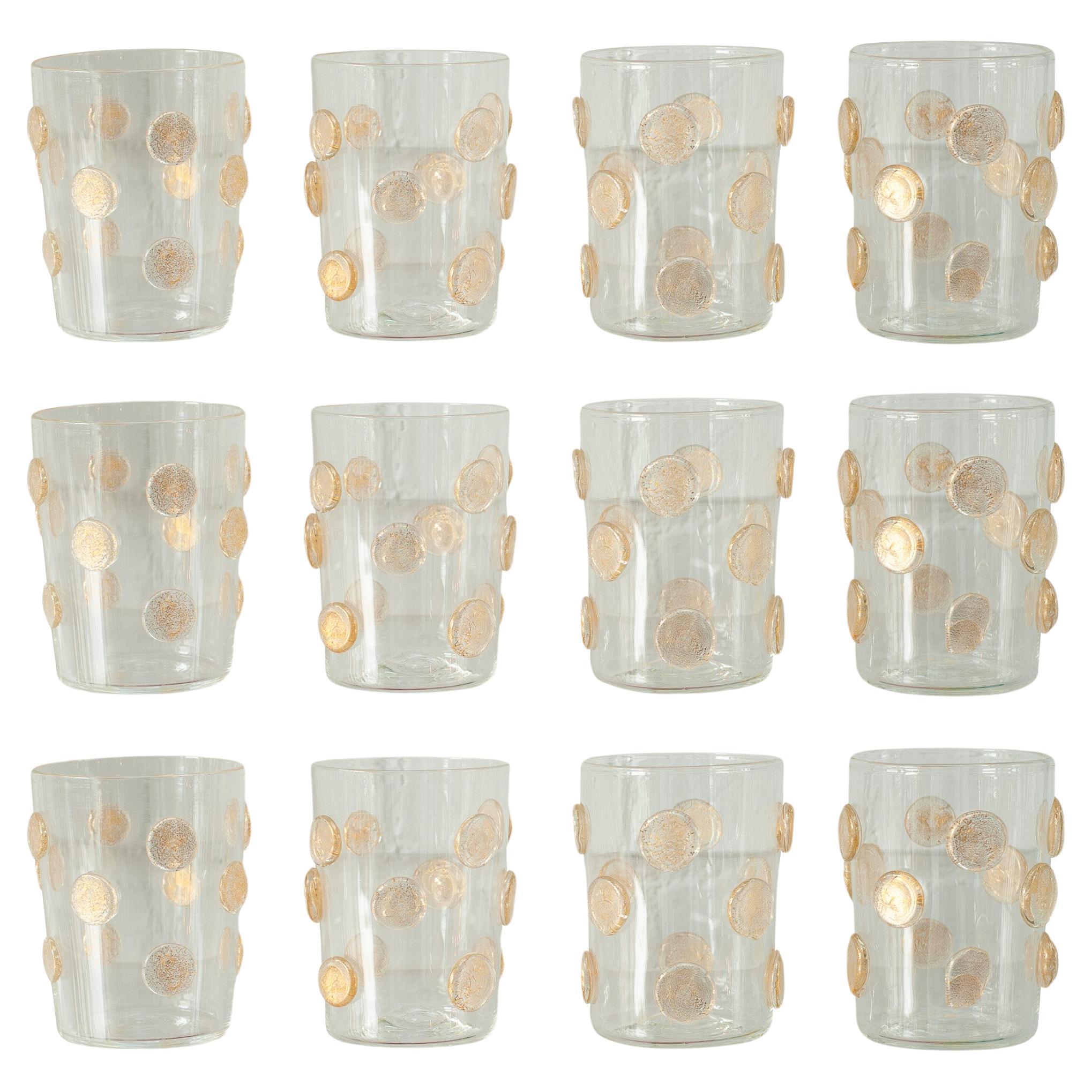 Contemporary Set of 12 Spotted Murano Glass Tumblers with Gold Leaf  For Sale