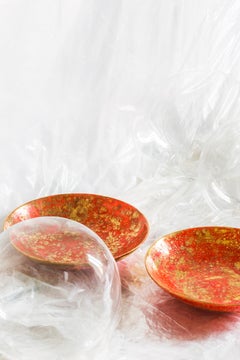 Contemporary Set of 2 Bread Rim Plates Red Gold Hand Painted Porcelain Tableware